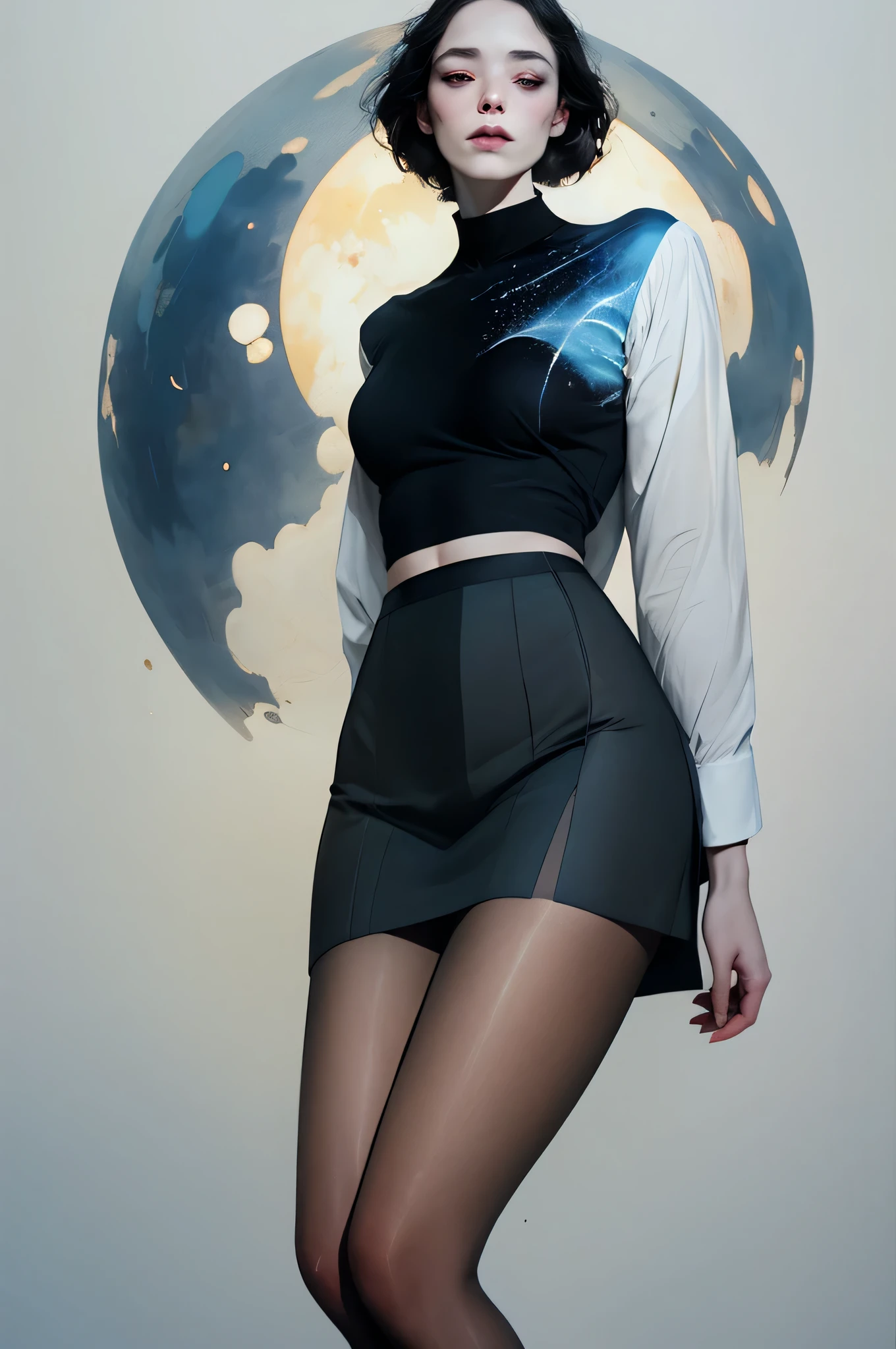1girl, (8k, RAW photo, best quality, masterpiece:1.2), (realistic, photo-realistic:1.37), solo,ultra-detailed,pantyhose, long shot, beautiful background,,shirt,skirt, . a woman by agnes cecile, luminous design, pale colors, ink drips, moon lights,