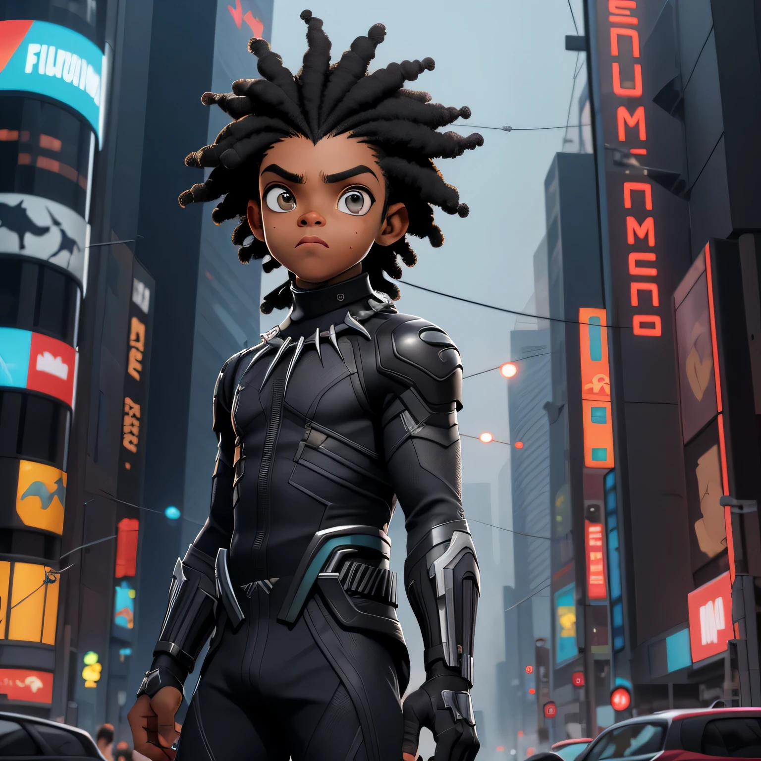 Cyberpunk, CIDADE, 1 menino negro, filho do Black Panther Cabelo crespo, pele escura, olhos pretos, ciborgue em uma rua perigosa, corajoso , e esperto, forte e rapido, ao fundo rio de janeiro cristo redentor