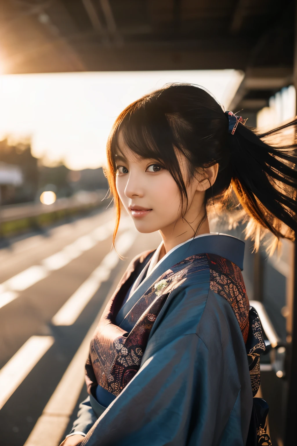 A 20-year-old Japanese supermodel girl，black hair，Ukiyo-e kimono，Japan Highway Background，a ray of light，Beautiful facial lighting，Large，Photographed by Yui Aragaki，6 o&#39;clock