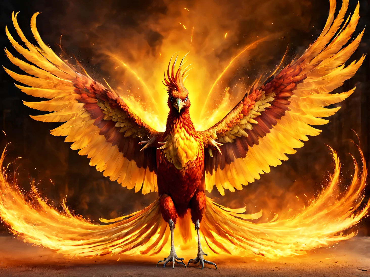 Photo image of a Phoenix bird., Beautiful big fiery Phoenix bird spread its wings., Phoenix spreading magical fire and glowing yellow mist with sparks inside, the texture of the Phoenix&#39;s fiery plumage is clearly visible, note the feet with claws, show in detail the large wings of the Phoenix with fiery plumage, note the Phoenix&#39;s head with expressive eyes and an open beak, great depth of field, a high resolution, clear emphasis on Phoenix, a high resolution, Extremely realistic, extremely detailed, cinematic treatment, HDR, photorealistic, masterpiece