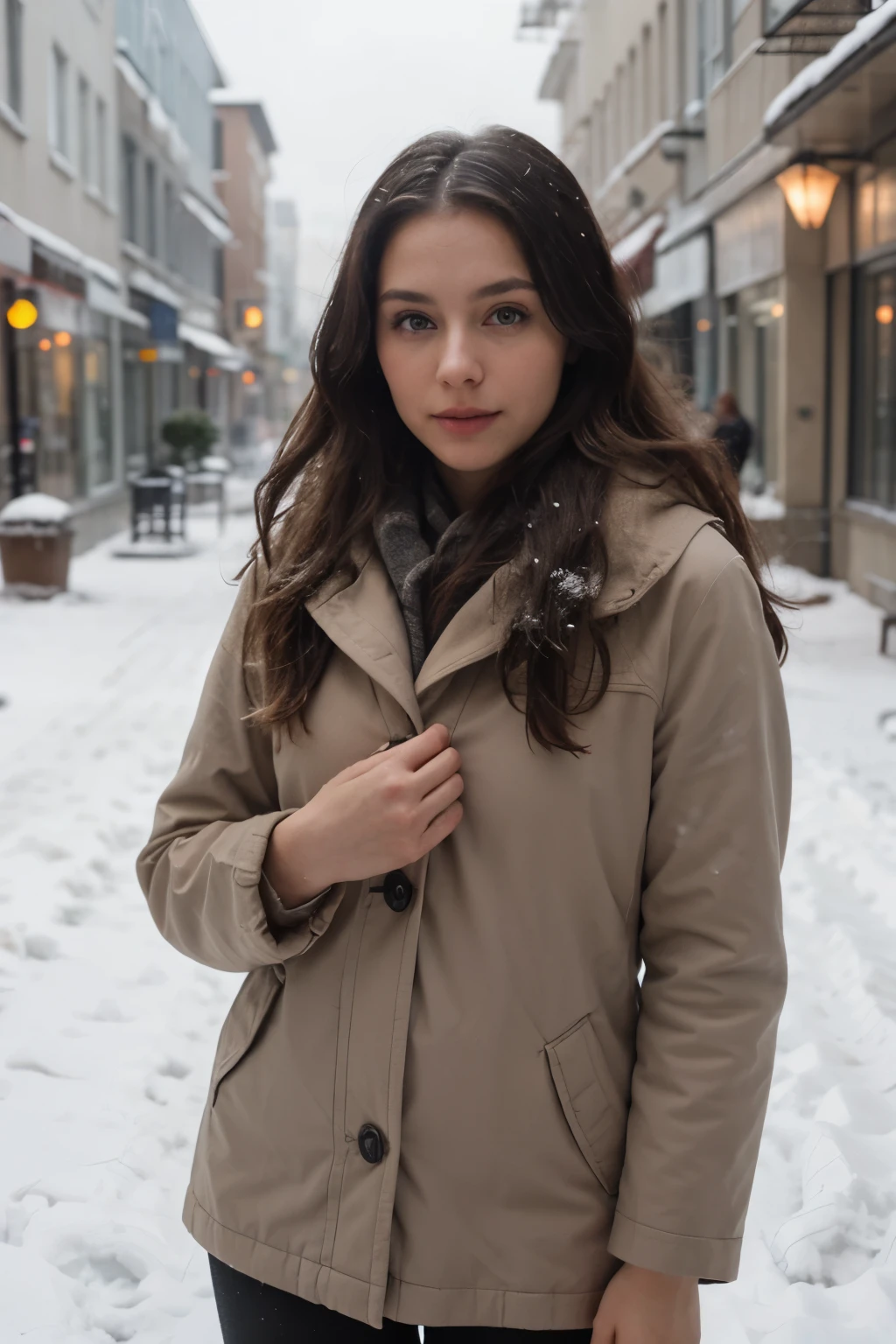 professional portrait photograph of a gorgeous Norwegian girl in winter clothing with long wavy blonde hair, sultry flirty look, gorgeous symmetrical face, cute natural makeup, wearing elegant warm winter fashion clothing, ((standing outside in snowy city street)), stunning modern urban environment, ultra realistic, concept art, elegant, highly detailed, intricate, sharp focus, depth of field, f/1. 8, 85mm, medium shot, mid shot, (((professionally color graded))), bright soft diffused light, (volumetric fog), trending on instagram, hdr 4k, 8k