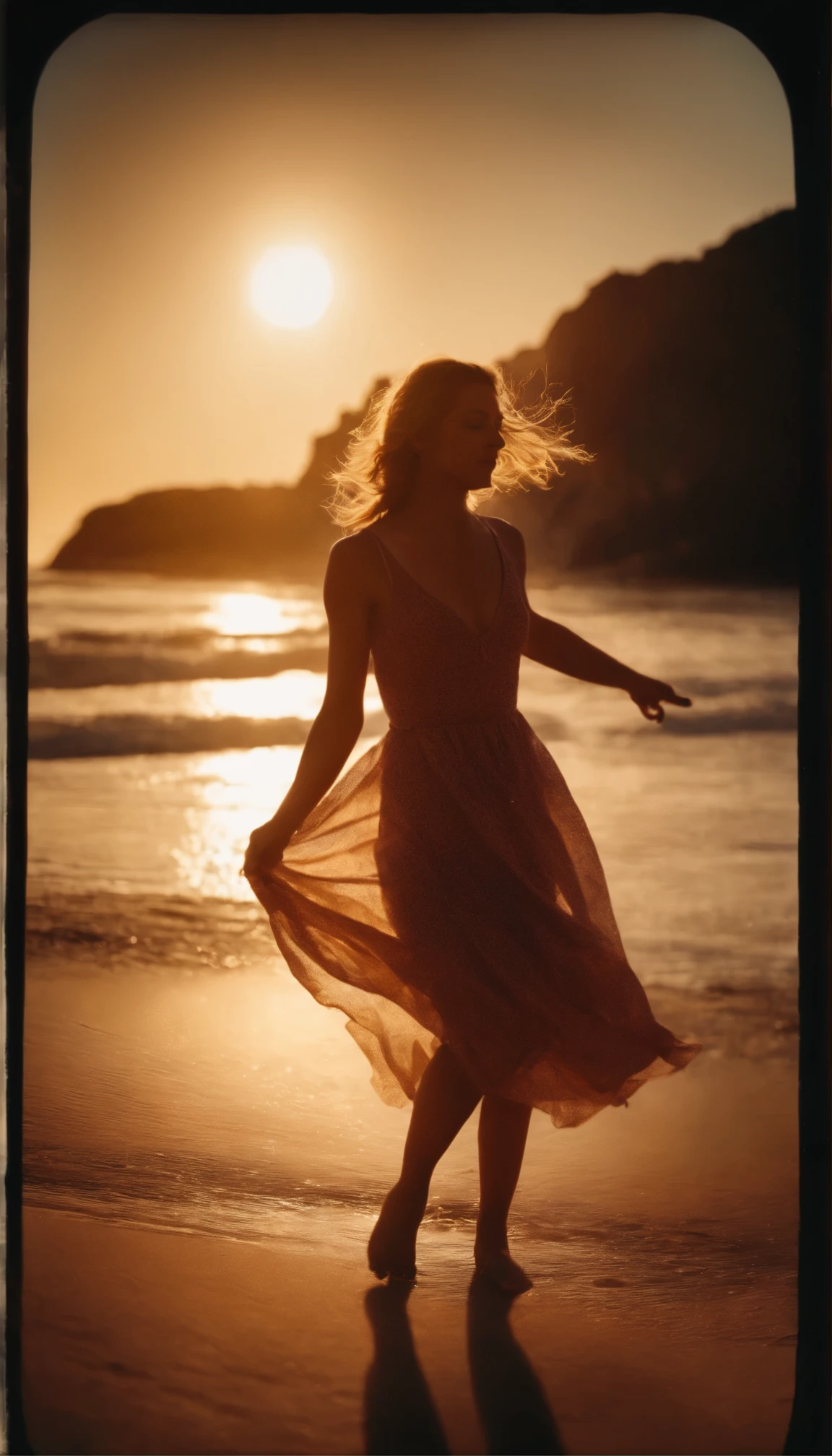 Pinhole Photo of a girl  in dancing in the morning light in the beach realistic photography 