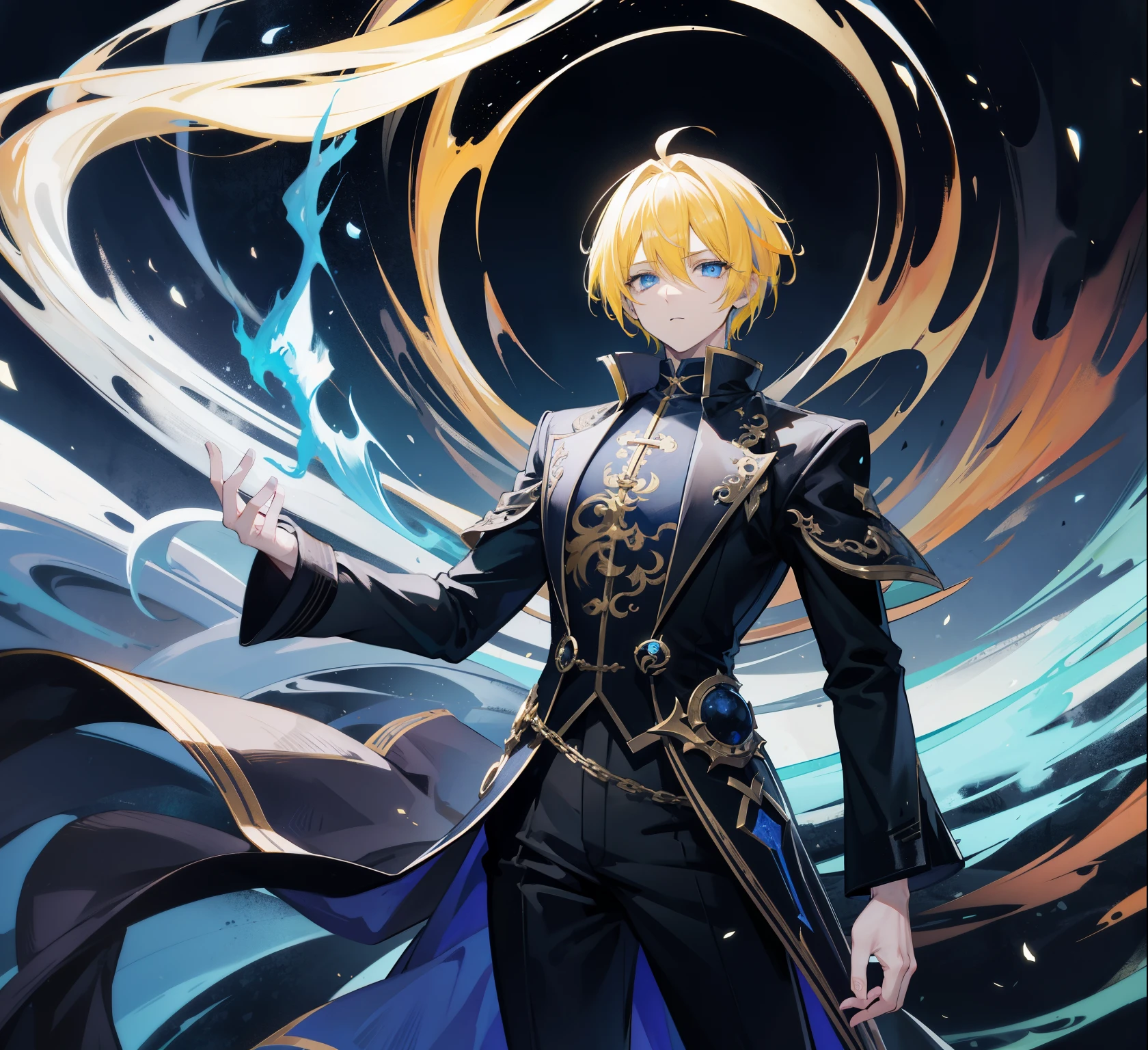 {[{{"Magnificent dark atmosphere, 4k artwork of man with Yellow hair and glowing blue eyes, short-haired,Cultivation master,The five elements of yin and yang,Yellow dragon."}]}}