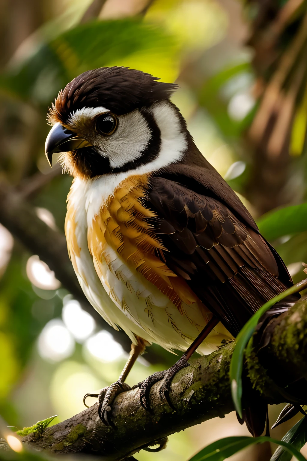 Complex rainforest with intricate details and lush greenery, close-up shot of a stunning bird perched on a branch, sunrise light casting warm golden hues, volumetric lighting adding depth and dimension, masterpiece of a picture, captured in high-quality photography, illuminated by soft, natural light, best and highest quality, detailed texture showcasing every feather's crazy intricacies, 16k ultra HD image, stunningly realistic 1080P.