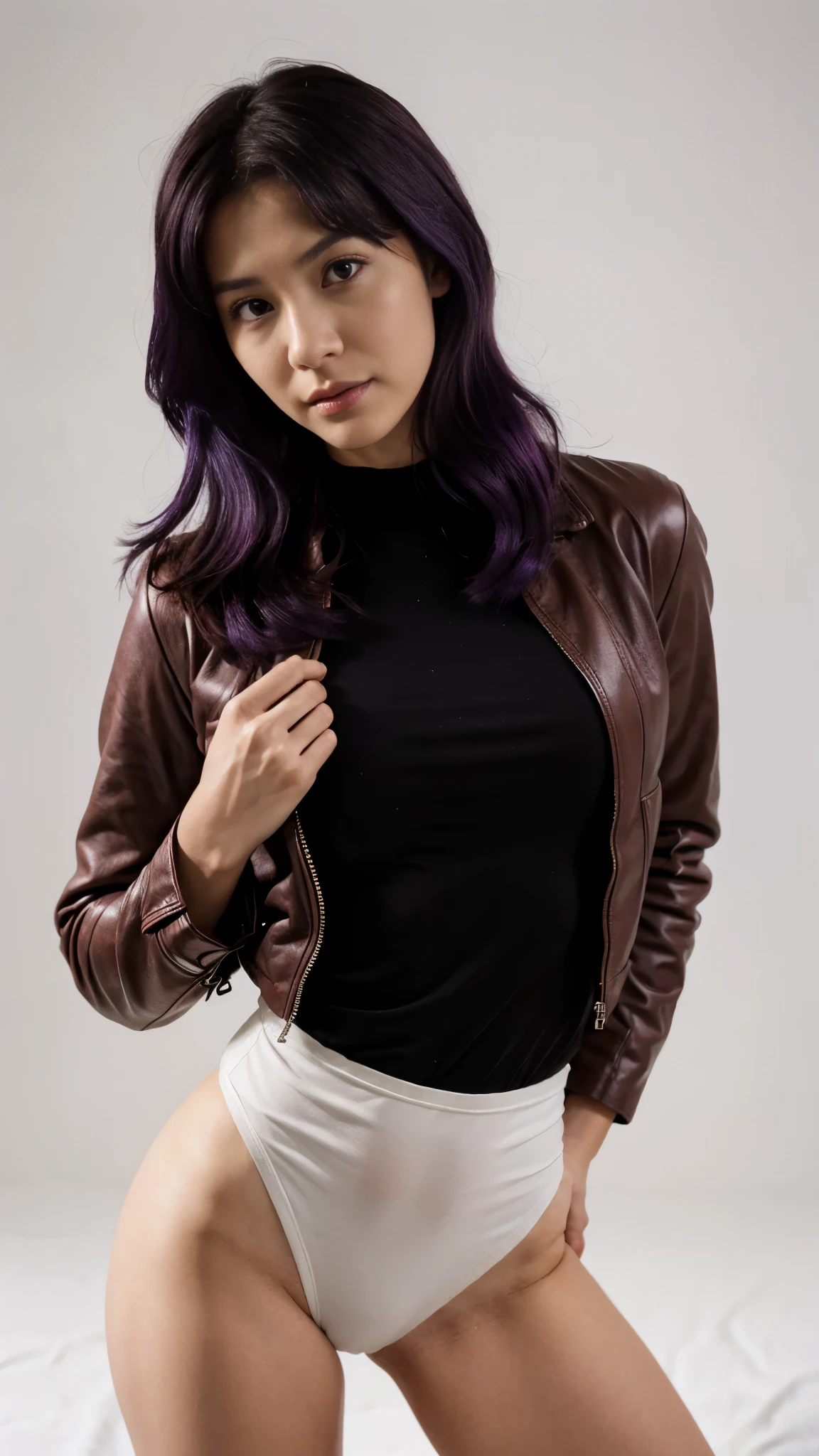 (best quality, highres), portrait of Misato Katsuragi, Purple medium purple Hair, Mixed Beautiful Pretty 28 years old Japanese babe, small beautiful brown eyes, intense gaze, beautiful lips, red leather jacket, black dress, combine realism and beautiful anime influenced, confident looks, studio photoshoot, white background, salute pose