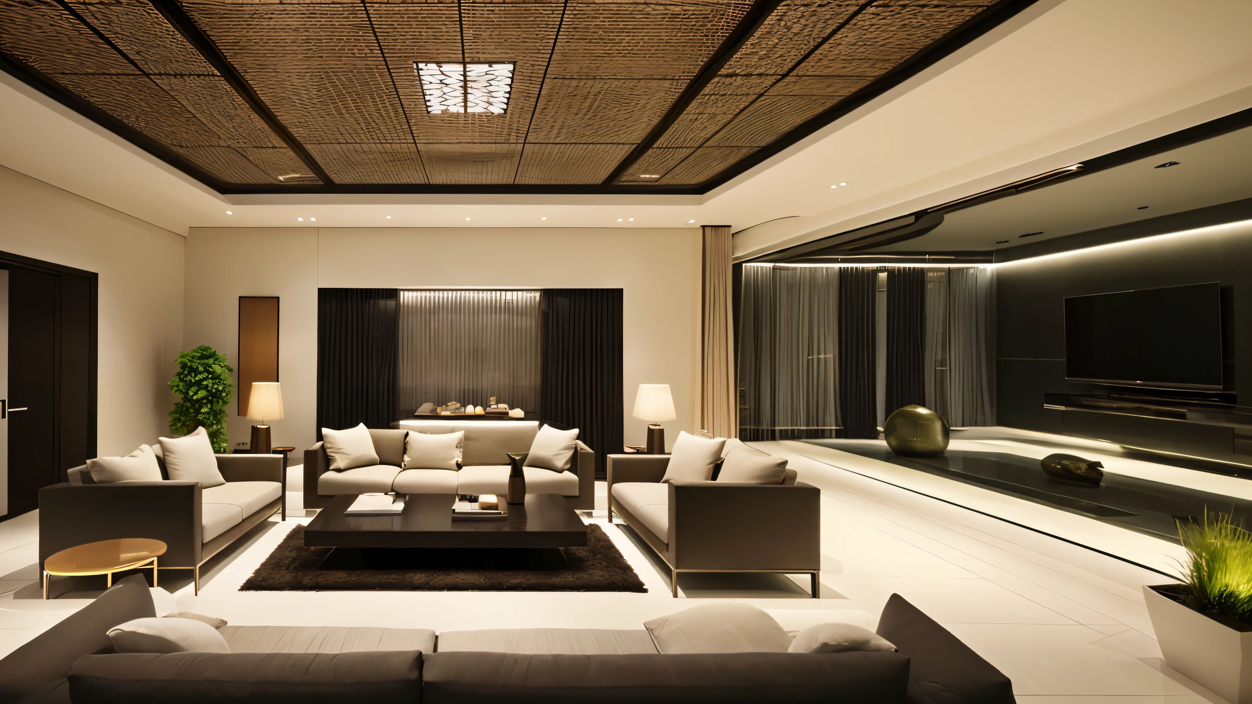 You are a famous interior designer、You have been asked to create a 3D image of a modern large room. Create a harmonious environment with modern and minimalist furniture. Including garden interior.
