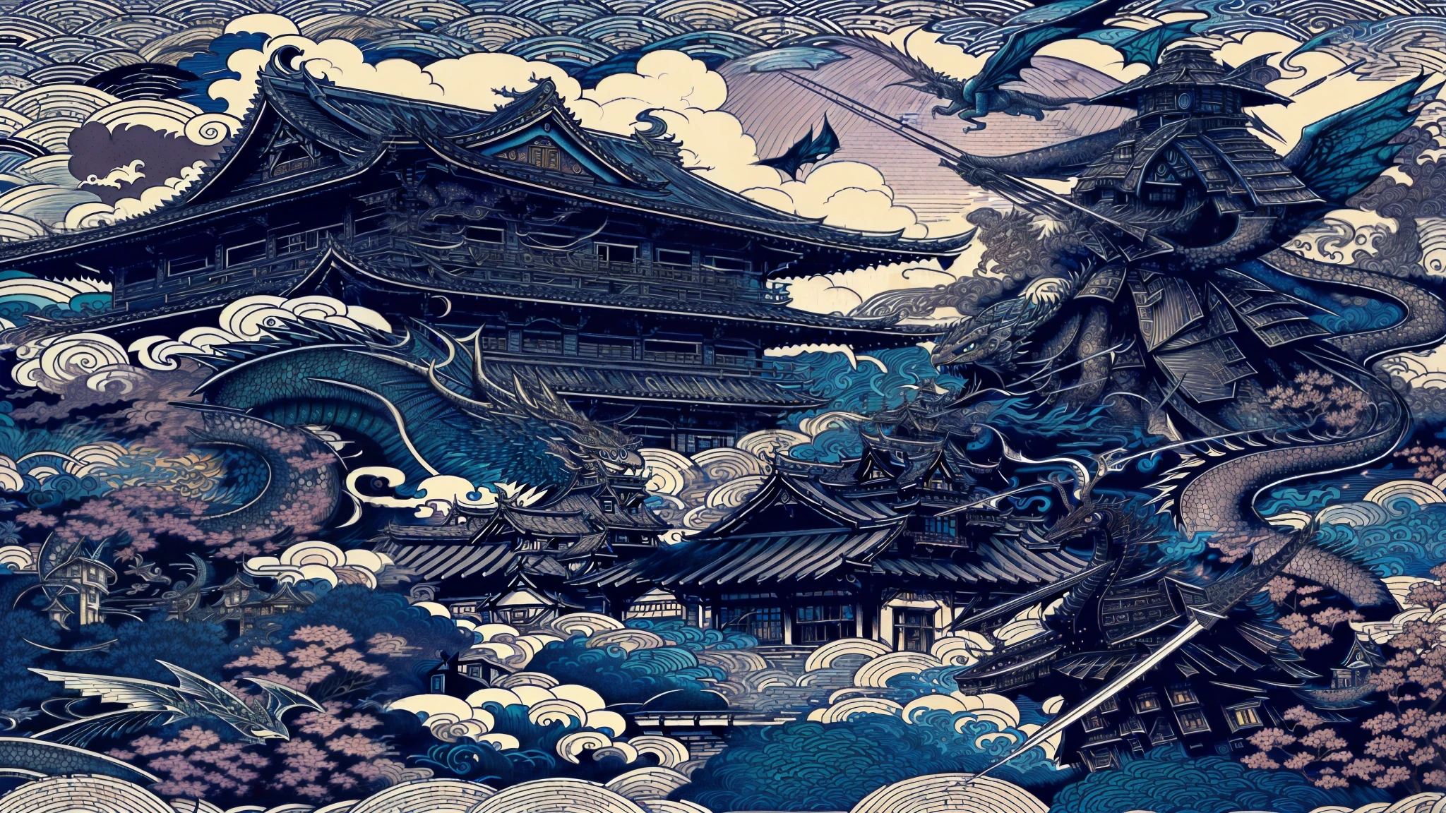 there is a big dragon flying over a building with a dragon on it, studio ghibli and Dan Mumford, el bosco and Dan Mumford, Fantasia japonesa, painting by Dan Mumford, in the style Dan Mumford artwork, japanese art style, inspirado em Dan Mumford, feudal japan art, ( ( ( ( ( Dan Mumford ) ) ) ) ), intrincado estilo cgi de anime ornamentado