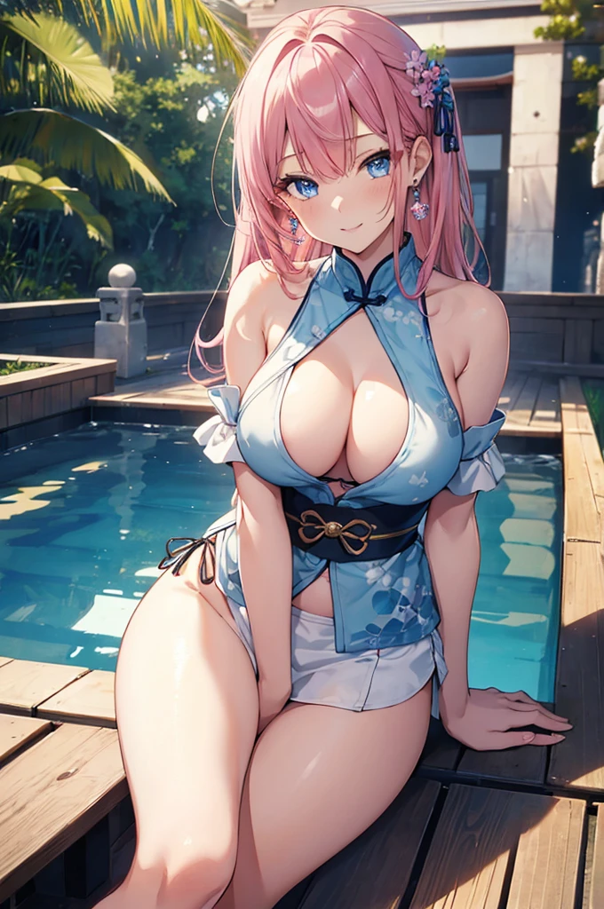 masterpiece,best quality,detailed,8K,1 girl,Japanese face,blue eyes,bikini,short sleeve shirt,Off the shoulders,Seductive shoulders,pink hair,long hair,large size breasts,shiny skin,earrings,Smile,sitting,Poolside,Place your fingers on your lips,Ancient Chinese architecture,seductiveexpression