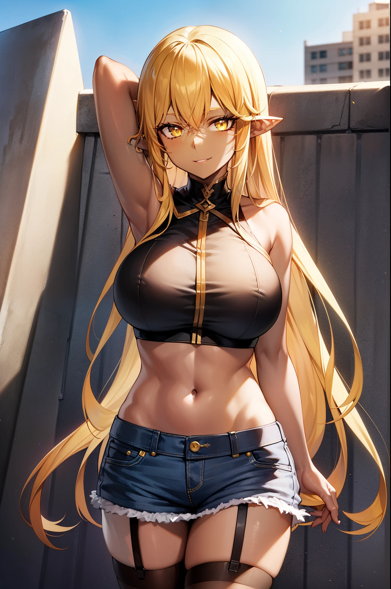 masterpiece, best quality, extremely detailed, 1girl, mature female, solo, (dark skin, black skin:2), semiramis \(fate\), (huge breasts:1.3), ((((blonde hair), long hair, yellow eyes, slit pupils, pointy ears))), parted lips, (((white shirt, crop top, jean skirt, garter straps, thighhighs))), ((light smile), closed mouth), ((arms behind head, rooftop)) 