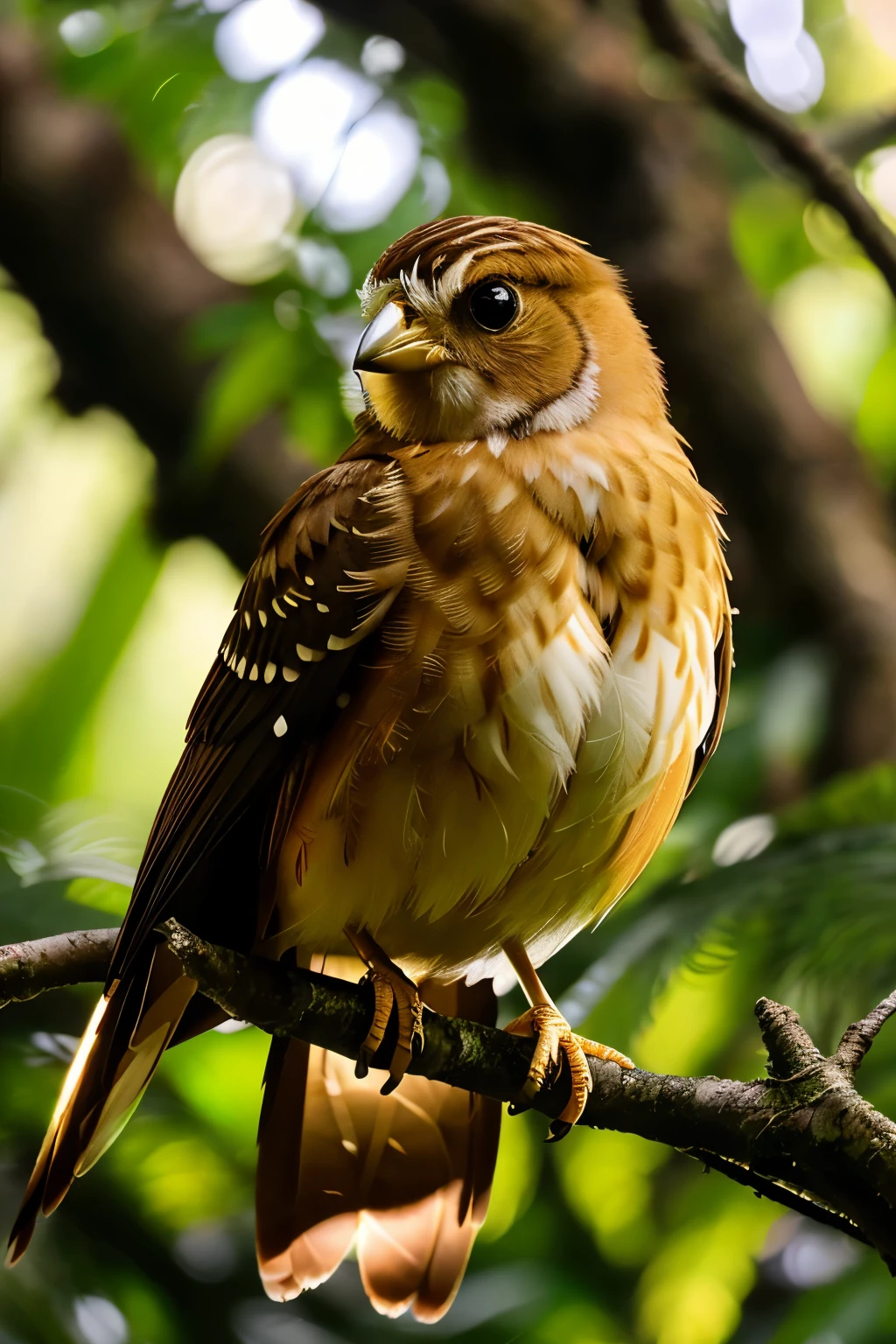 Complex rainforest with intricate details and lush greenery, close-up shot of a stunning bird perched on a branch, sunrise light casting warm golden hues, volumetric lighting adding depth and dimension, masterpiece of a picture, captured in high-quality photography, illuminated by soft, natural light, best and highest quality, detailed texture showcasing every feather's crazy intricacies, 16k ultra HD image, stunningly realistic 1080P.