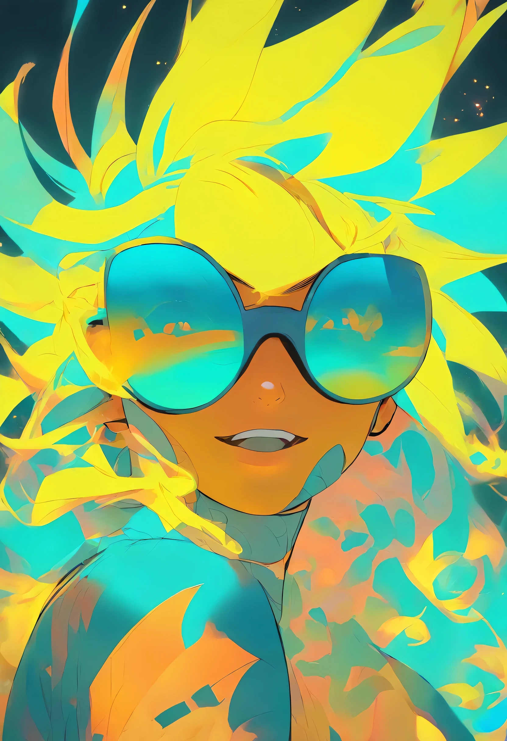 woman with yellow hair wears sunglasses, in the style of futuristic shapes, Monochrome palette, minimalist impulses, sculptural costumes, dark white and light azure, comic inspired, gloomy monotonous style - raw