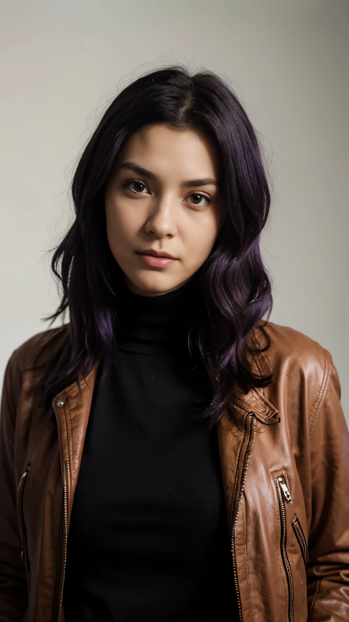 (best quality, highres), portrait of Misato Katsuragi, Purple medium purple Hair, Mixed Beautiful Pretty 28 years old babe, small beautiful brown eyes, intense gaze, beautiful lips, red leather jacket, black dress, combine realism and beautiful anime influenced, confident looks, studio photoshoot, white background, salute pose