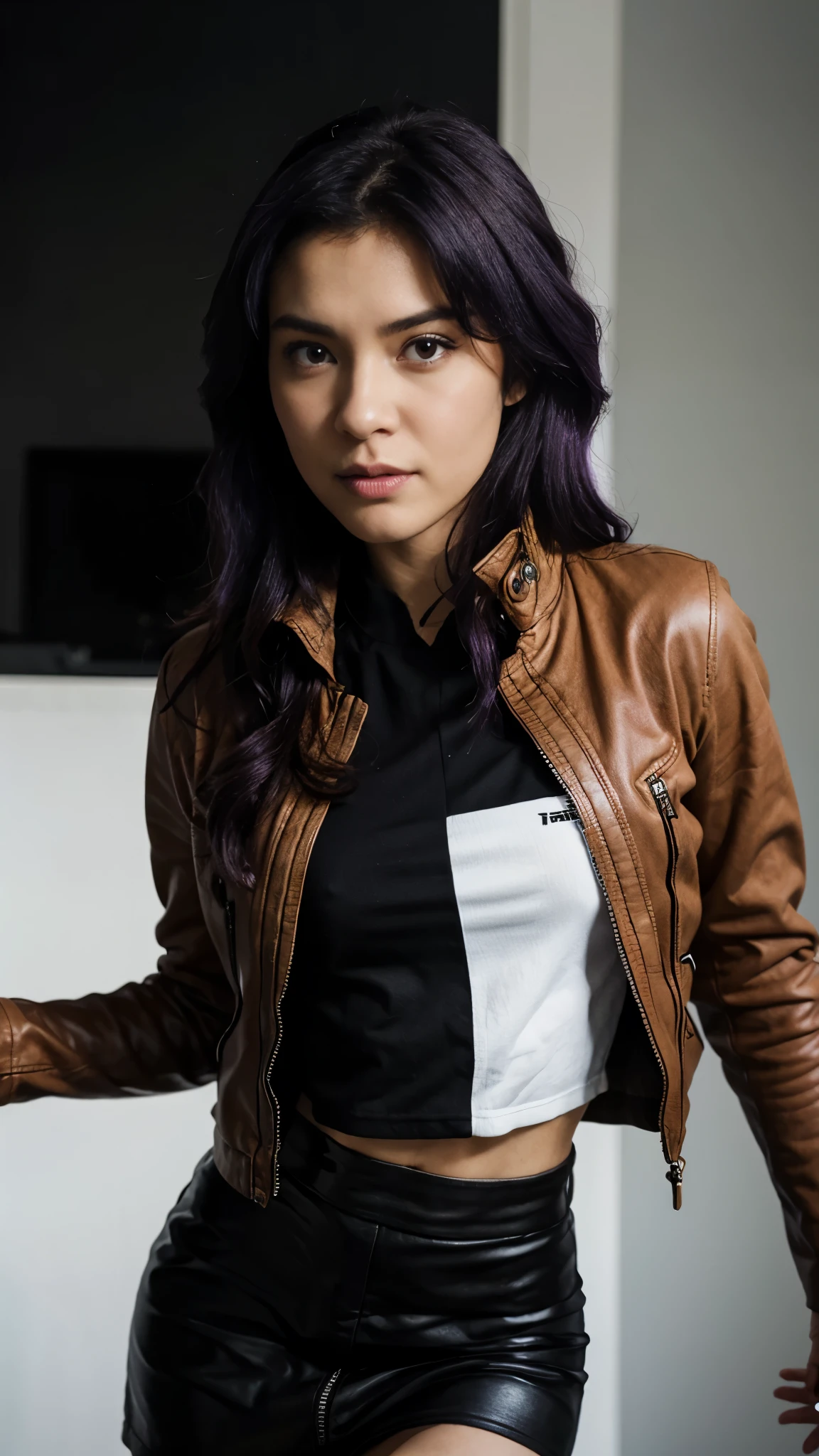 (best quality, highres), portrait of Misato Katsuragi, Purple medium purple Hair, Mixed Beautiful Pretty 28 years old babe, small beautiful brown eyes, intense gaze, beautiful lips, red leather jacket, black dress, combine realism and beautiful anime influenced, confident looks, studio photoshoot, white background, salute pose