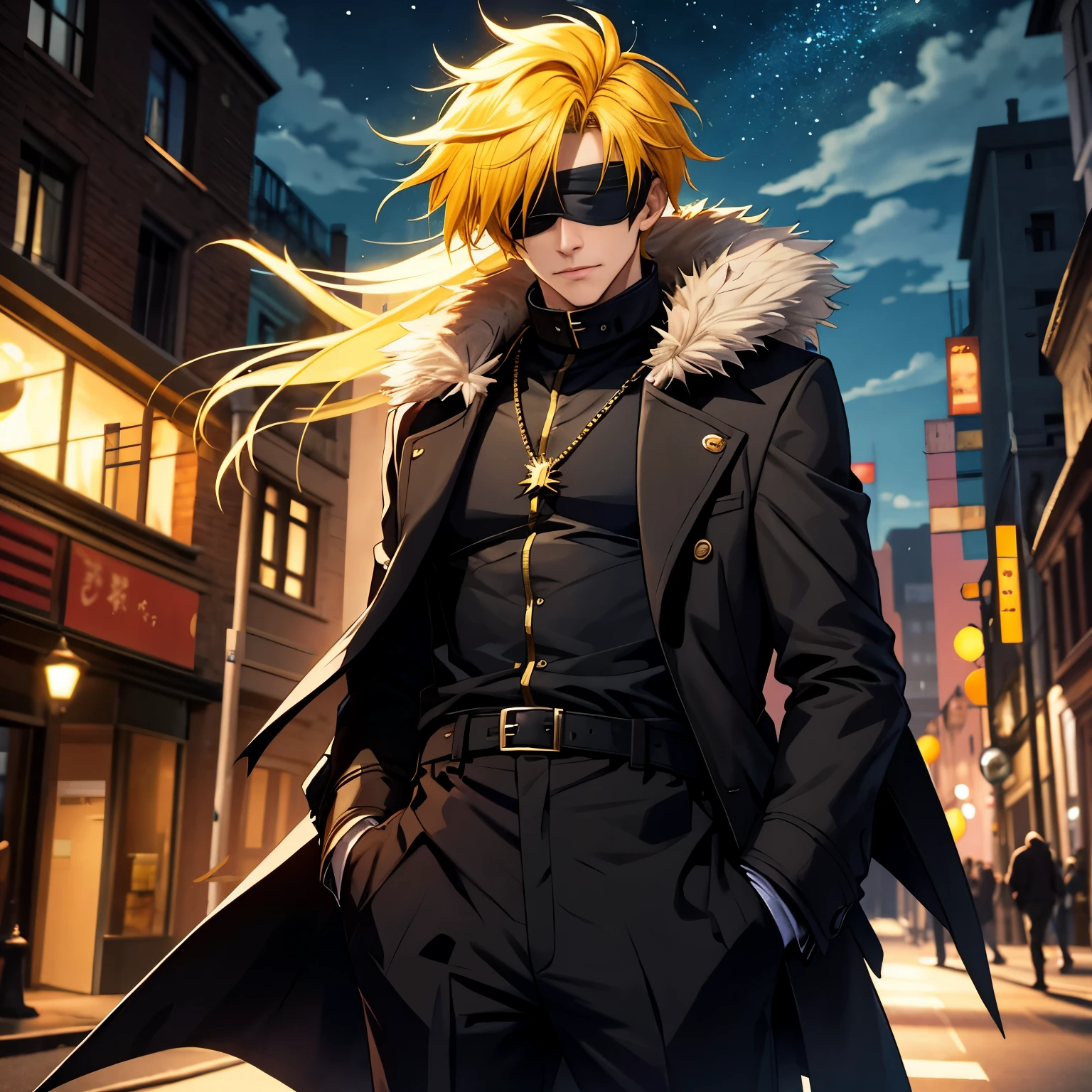A 27 years old man,Handsome,spiky Yellow Hair, nightcity,Sateen,Blindfold, Wizard Millitary coat large,Put your hands in your pockets