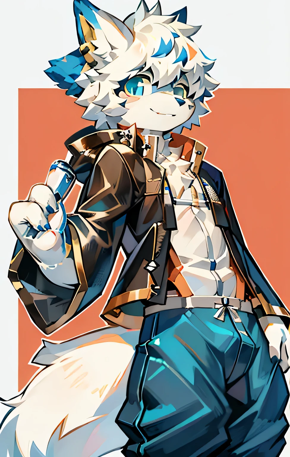 Bright Eyes, character bust photo, Q version, 头像框, Character focus, alone, hairy, hairy male fox, Male yellow-white fur, blue eyes, white hair (long) style, Little cute, will sell cute, Wear blue clothes and pants, has a tail