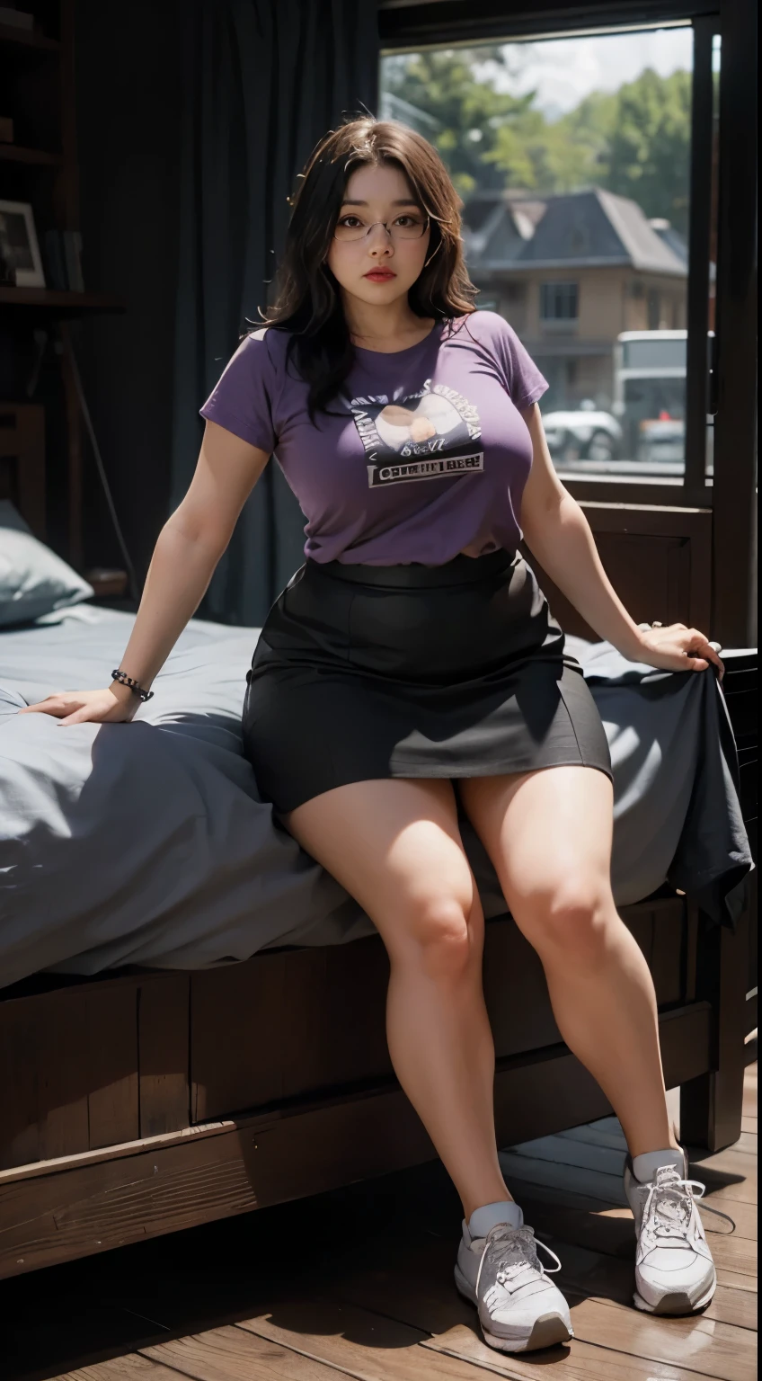 A beautiful beauty, long black hair, big eyes, round face, t-shirt , tight purple metalic skirt, sneakers , slightly fat, plump and sexy, delicate facial features, in the room, dark room, dark sky and dark clouds, HD, high quality, the best picture quality, extreamly thight skirt, glasses, chubby thighs, 40 year old woman,