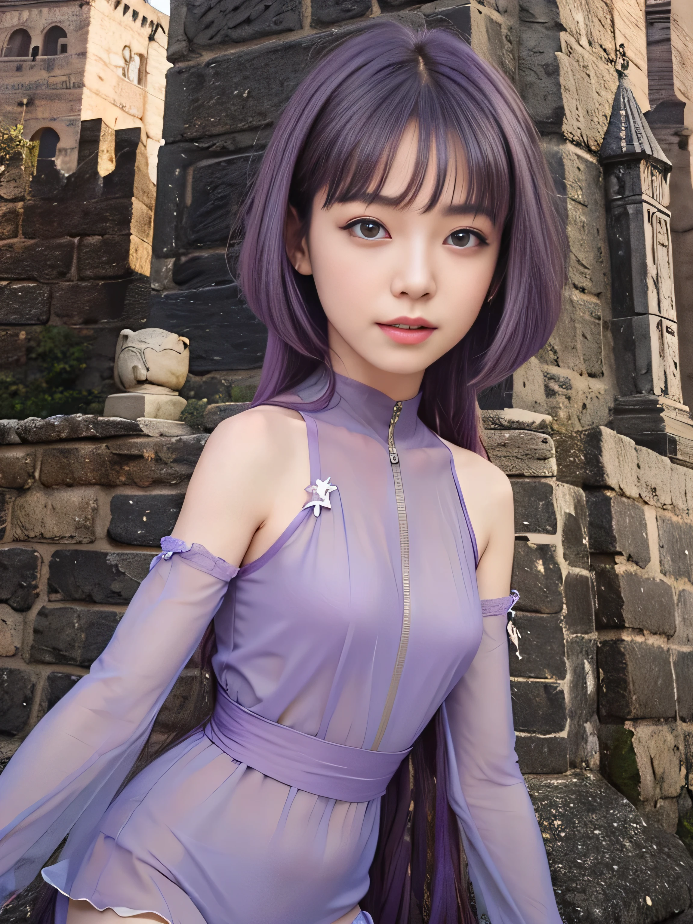 masterpiece, best quality, (realistic,photo-realistic:1.4), (RAW photo:1.2), extremely detailed CG unity 8k wallpaper, delicate and beautiful, amazing,finely detail, official art, absurdres, incredibly absurdres, huge filesize, ultra-detailed,extremely detailed eyes and face,light on face,(little smile),sumire kakei,(purple hair:1.4),long hair,(wearing lingerie:1.4),(castle banner background:1.4)