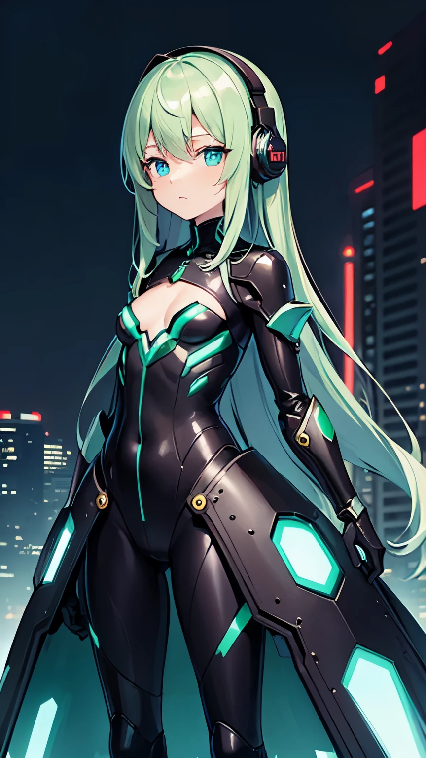 ((masterpiece)), ((best quality)), (ultra-detailed), a , , beautiful emerald green hair, beautiful skyblue eyes, ((beautiful eyes))
very long hair, breasts, looking at viewer, flat/small chested, many , small breasts,貧乳,,, Lolita
black tights, mechanical suit, bodysuits, headphones, mechanical parts, arms, weapons, mechanical armor, emerald green line, mechanical long coat, black suits
Futuristic city with neon wash and cyberpunk atmosphere