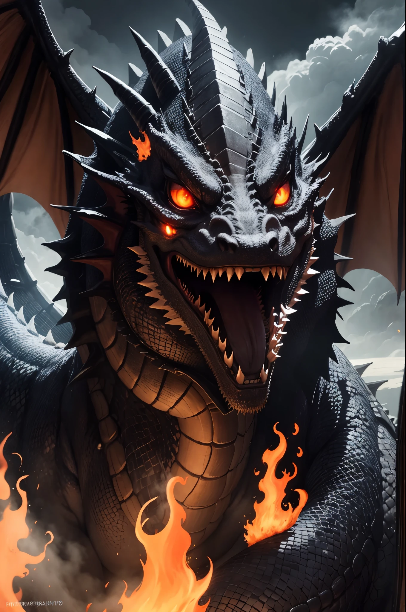 There is a dragon flying in the air, epic dragon, '' dragon breathing fire, dragon breathing fire, fire dragon, fire-breathing dragon, flame dragon snake, dragon blowing fire above, legendary dragon, fire-breathing dragon, rushing through the dragon's lair, huge dragon as background, D&D committee art dragon, dragon art, (Epic Photography: 1.3) (Dark Scene: 1.2) with moody side light, (Edge light: 1.2) Silhouette, (Giant dragon face: 1.3) in smoke, (Embers: 1.2) Glow in his nostrils, low flame glowing in his mouth, (Detailed glowing eyes: 1.1) Haunting gaze (HyperSmoke: 0.4) (Unddep_768:0.4) (UTIL_ PortraitHelper: 0.6) Award-winning VFX (STY_mjgs:0.3) (STY_MJ_dgtlv2:0.3) by weta digital and Houdini smoke simulation wavelets (:0.3) KC16-v3-6250 (STY_rzminjourney:0.3) Rule of Thirds Reflecting Fibonacci Spiral Composition, Hasselblad Fuji Medium Format, Carl Zeiss, Amazing Contrast, Incredible Dynamic Range