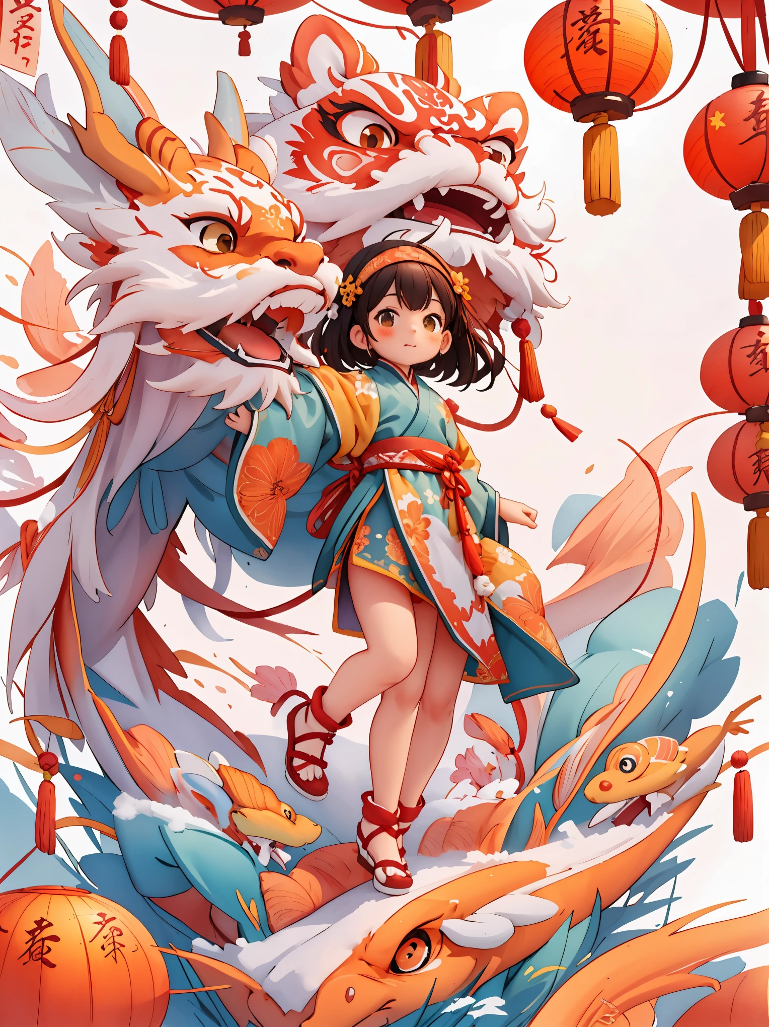 （masterpiece，quality，Best quality，official art，Beauty and aesthetics：1.2），（1 cute girl：1.3），alone，Brown double ponytail,hair accessories, (Chinese fabric:1.2), Hanfu，CNY,Welcome the winter solstice，The content is very detailed，（fractal art：1.1），（a color：1.1）（Red carp swimming in the air：1.3），Big red lanterns hung high，（ tangled:1.2), (dynamic poses), (abstract background:1.3), (skin glowing), (Many colors:1.2), Decorative painting：1.3，），light,ink画和ink画，ink，red background，