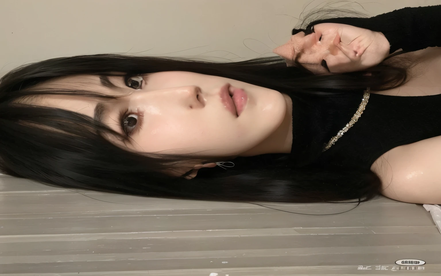 there is a woman that is laying down on the floor, Ulzzang, 🤤 retrato de , chiho, garota cara fofa, cruel korean goth girl, coreana, de 19 anos, Yoshitomo Nara, Lalisa Manobal, ela tem cabelo preto com franja