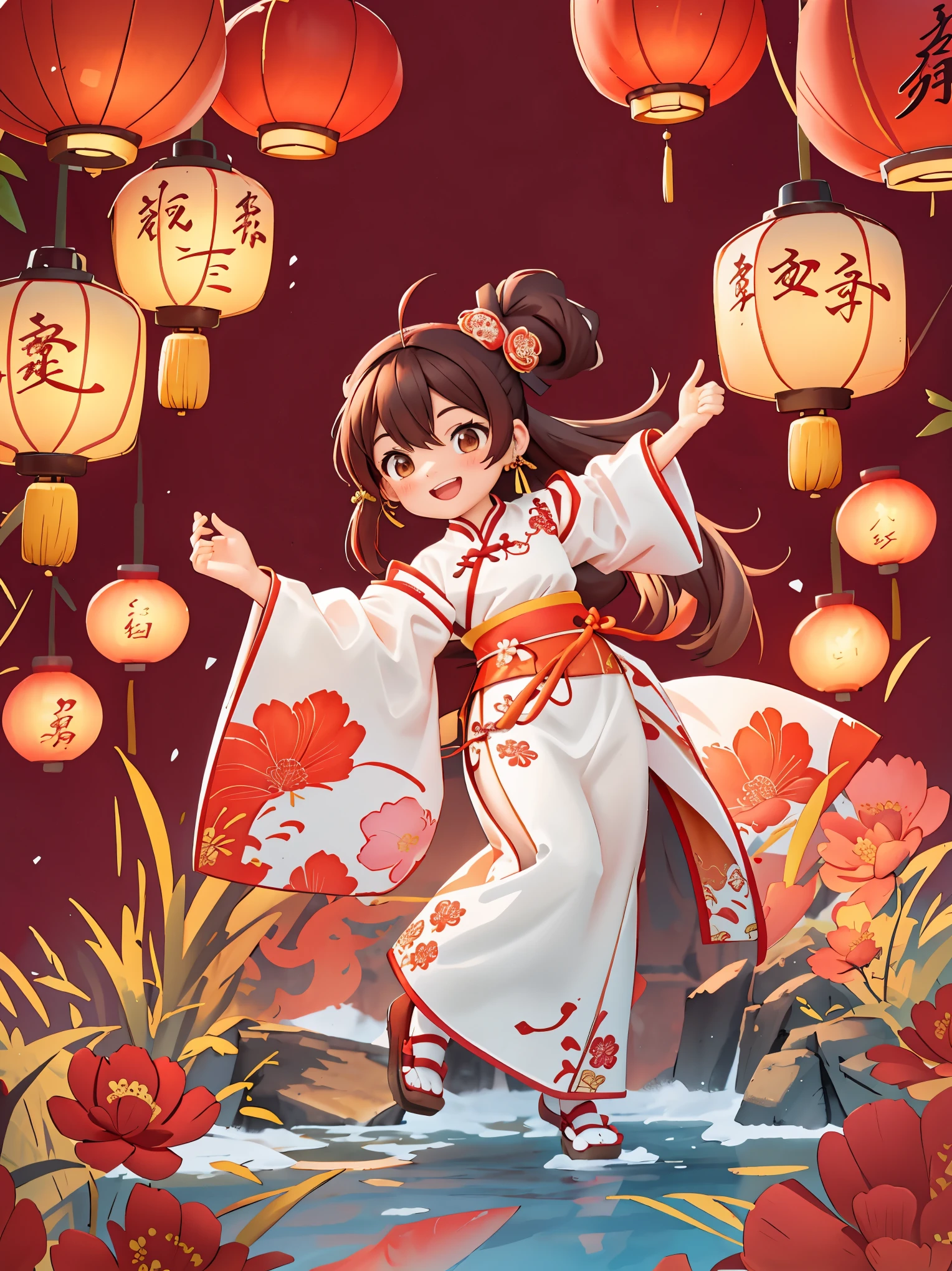 （masterpiece，quality，Best quality，official art，Beauty and aesthetics：1.2），（1 cute girl：1.3），alone，Brown double ponytail,hair accessories, (Chinese fabric:1.2), Hanfu，Smile，happy，Happy，CNY,Welcome the winter solstice，The content is very detailed，（fractal art：1.1），（a color：1.1）（Red carp swimming in the air：1.3），Big red lanterns hung high，（ tangled:1.2), (dynamic poses), (abstract background:1.3), (skin glowing), (Many colors:1.2), Decorative painting：1.3，），light,ink画和ink画，ink，red background，