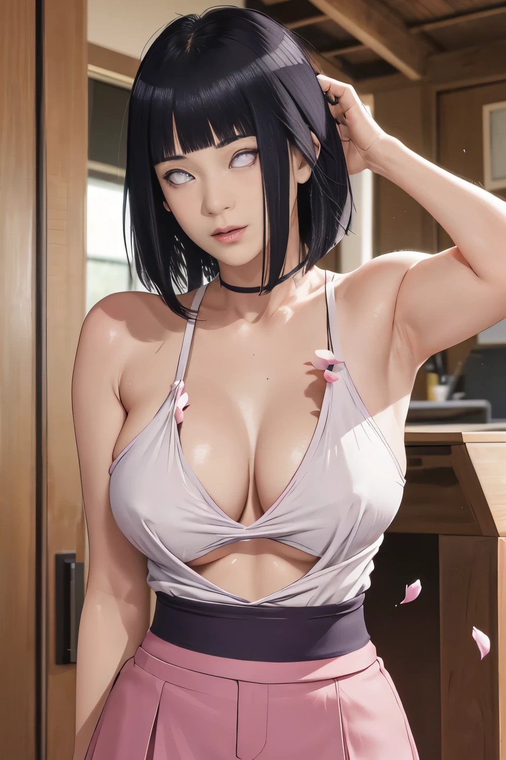 masterpiece, absurdres, hinata\(boruto\), 1girl, solo,mature female, spaghetti strap top, high waist short skirt, nsfw, no bra, nipple bulges, looking at viewer, (falling petals), perfect composition, detailed lips, big breast, beautiful face, body propotion, blush, (pink lips), long hair,  purple eyes,  soft gaze,  super realistic, detailed, photoshoot, realistic face and body, armpit