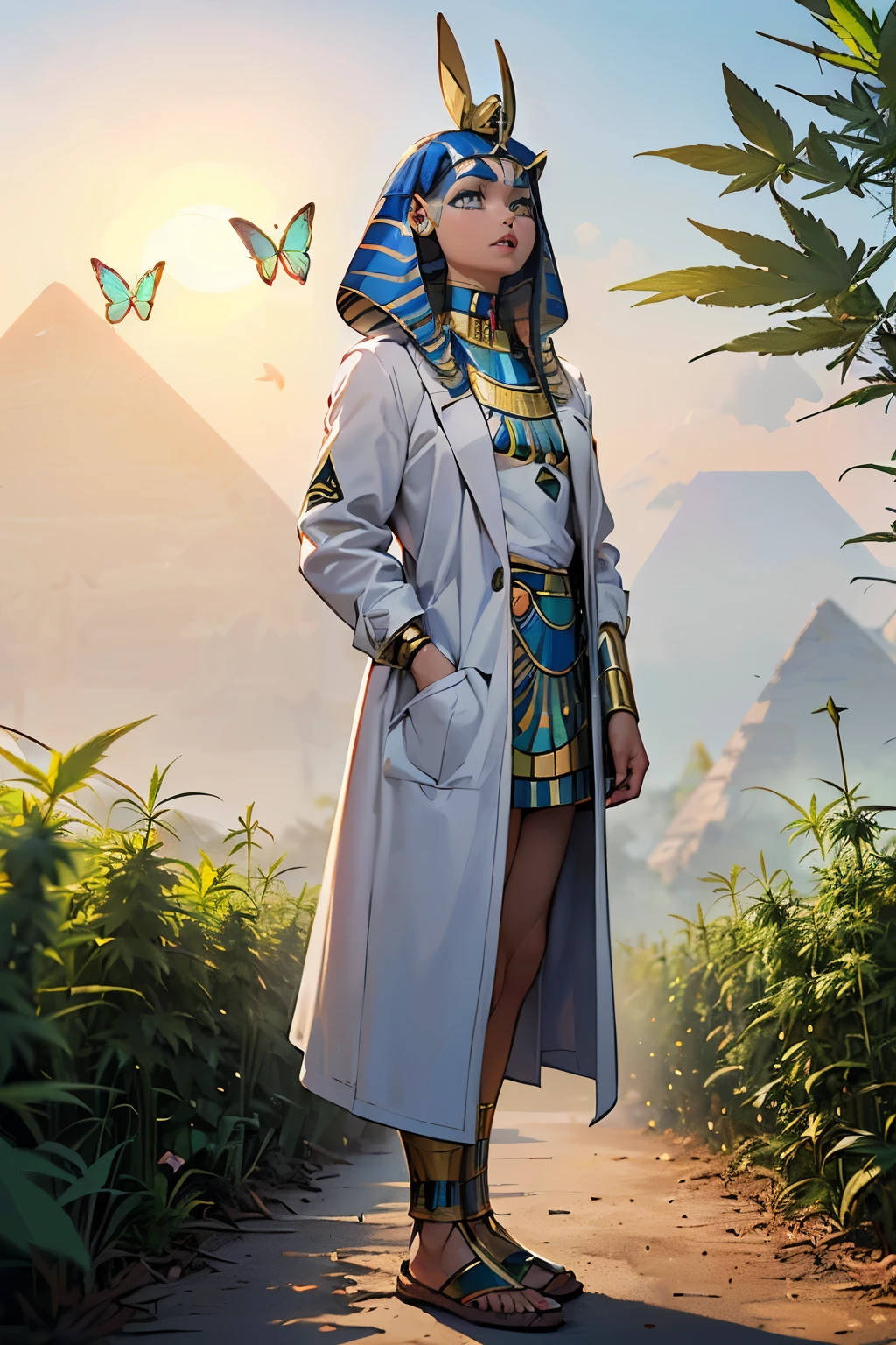 ((athletic ((tall ((Egyptian)) Pokemon professor)) outside writing equations on a whiteboard, (wearing gilded butterfly detailed white coat and professional uniform), (wearing snake choker), (visible cannabis flower tattoos), high quality photo, mischievously standing in the garden (with copious tall cannabis sativa plants and pokeballs surrounding scene during foggy sunrise)