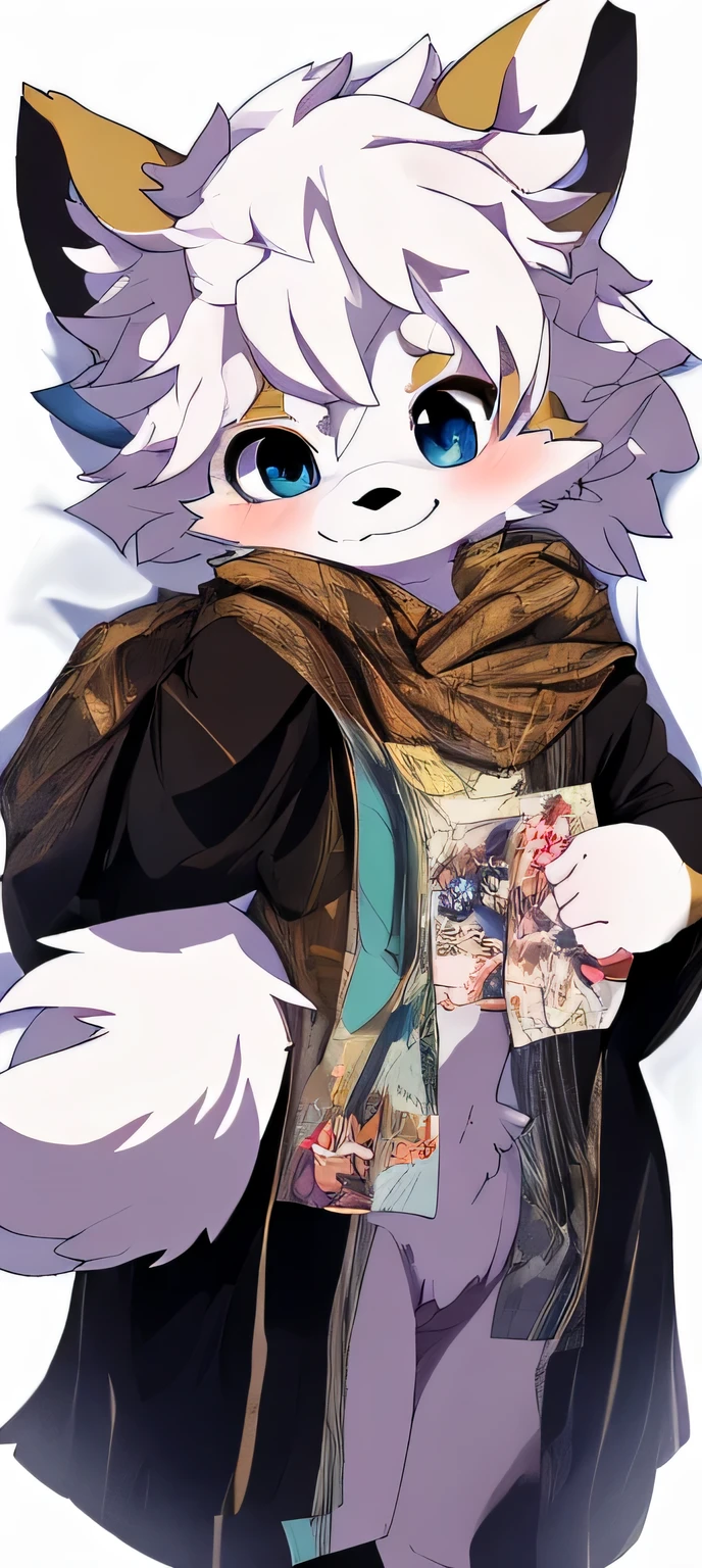 Bright Eyes, character bust photo, Q version, 头像框, Character focus, alone, hairy, hairy male fox,blue eyes, white hair (long) style, Little cute, will sell cute, has a tail