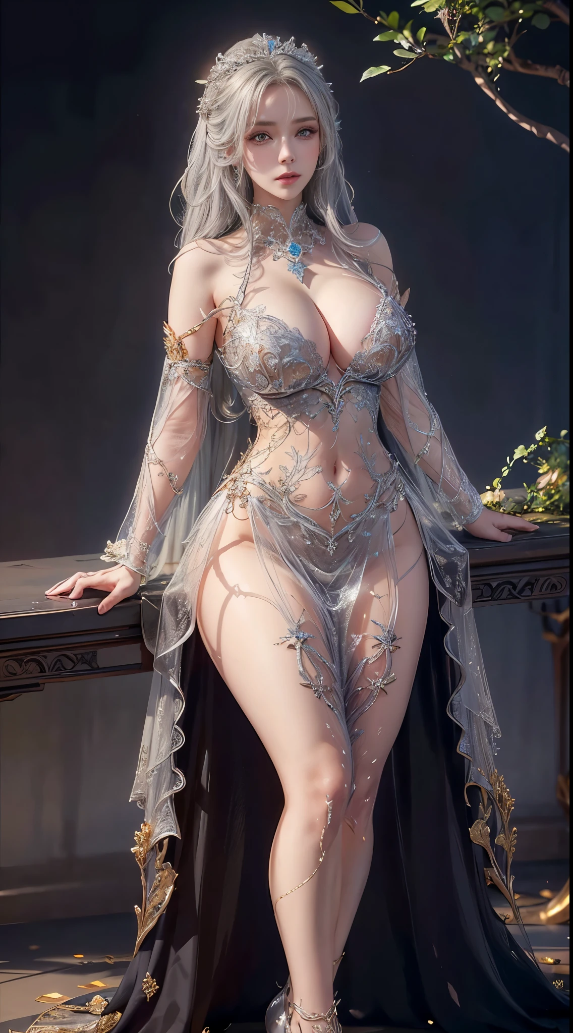 woman in a silver transparent dress,Beautiful eyes,high-heels, (((humongous large breast, The cleavage is larger))),Slim waist,(Bare waist), Long gray hair, micro-curly hair, Ultra-detailed details,High-end art station, Rainstorm site, detailed fantasy art, Stunning character art, Beautiful and beautiful character art, Beautiful gold and silver armor, The content is very detailed, Girl in shiny armor, Exquisite headwear and jewelry,crystal jewelry filigree, Full body capture, milky ways, stunning visuals, (dynamic streaks, Light track:1.2), vibrant with colors,8k,Quality,