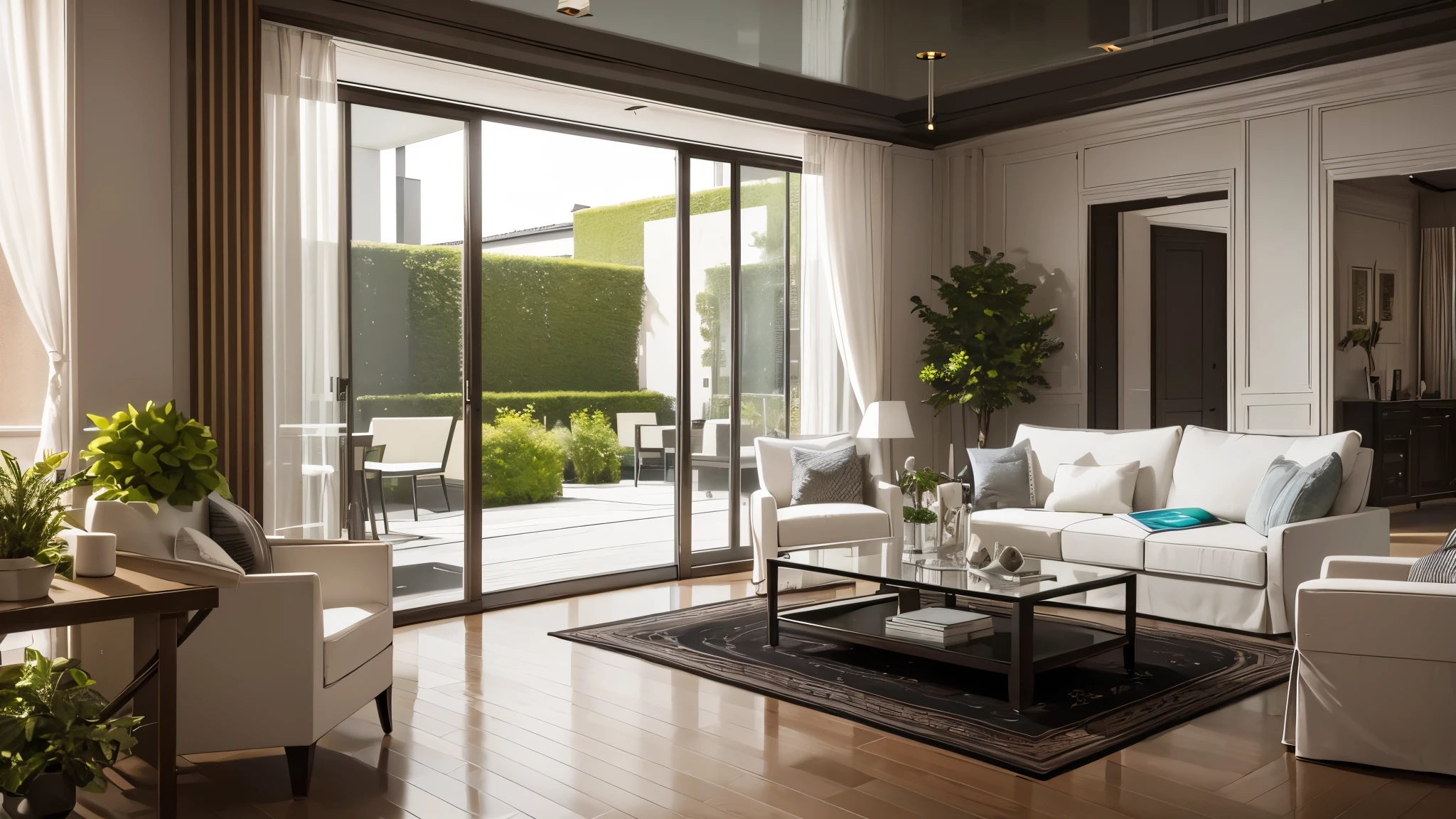 You are a famous interior designer、You have been asked to create a 3D image of a modern large room. Create a harmonious environment with modern and minimalist furniture. Including garden interior.