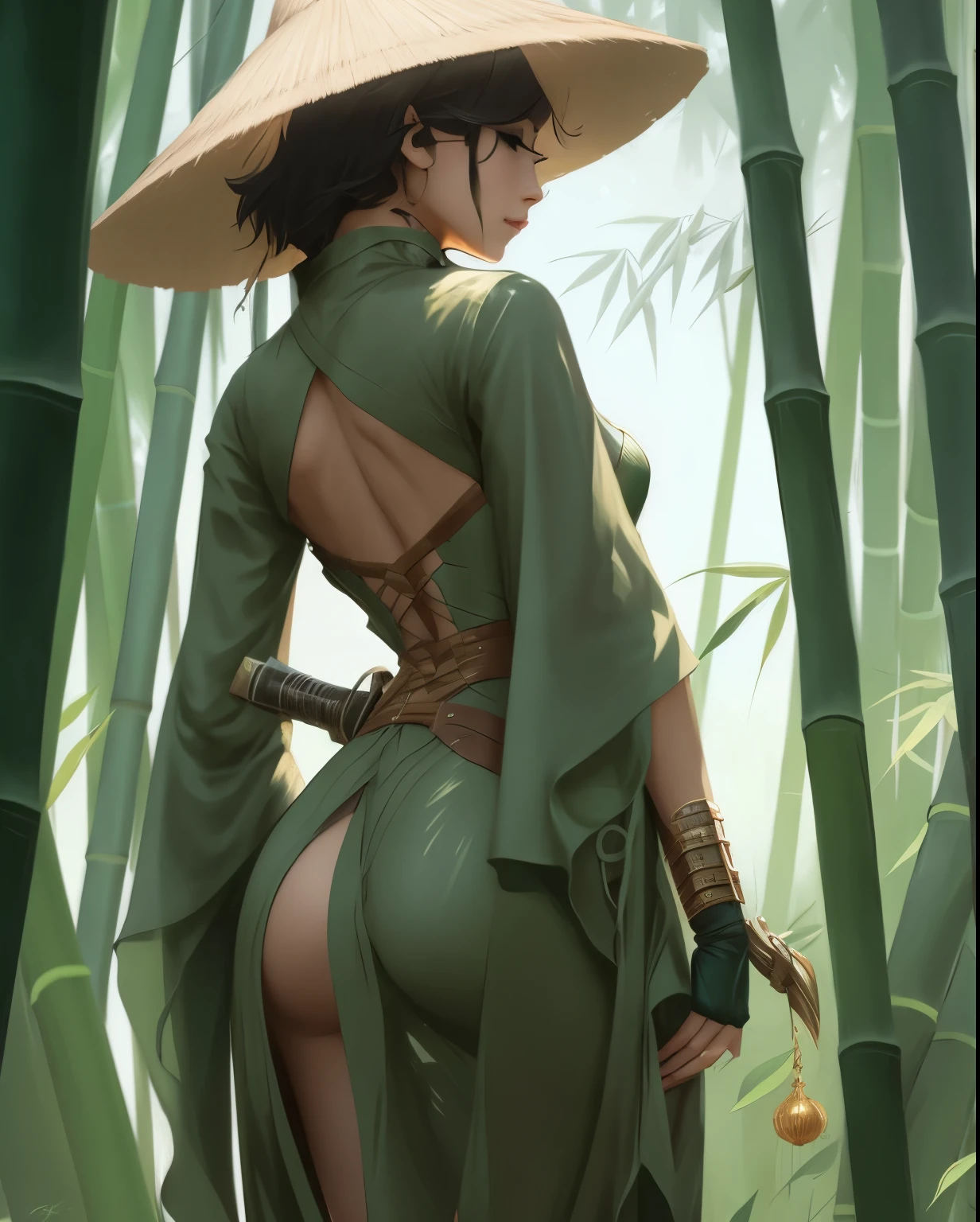 Araffe in a green dress and hat in a bamboo forest, Ross Tran. scenic background, Ross Tran 8 k, obras de arte no estilo de guweiz, Ross Tran style, por Ross Tran, arte do wlop, arte do wlop and greg rutkowski, Ross Tran and wlop, in the style of Ross Tran, wlop and Ross Tran