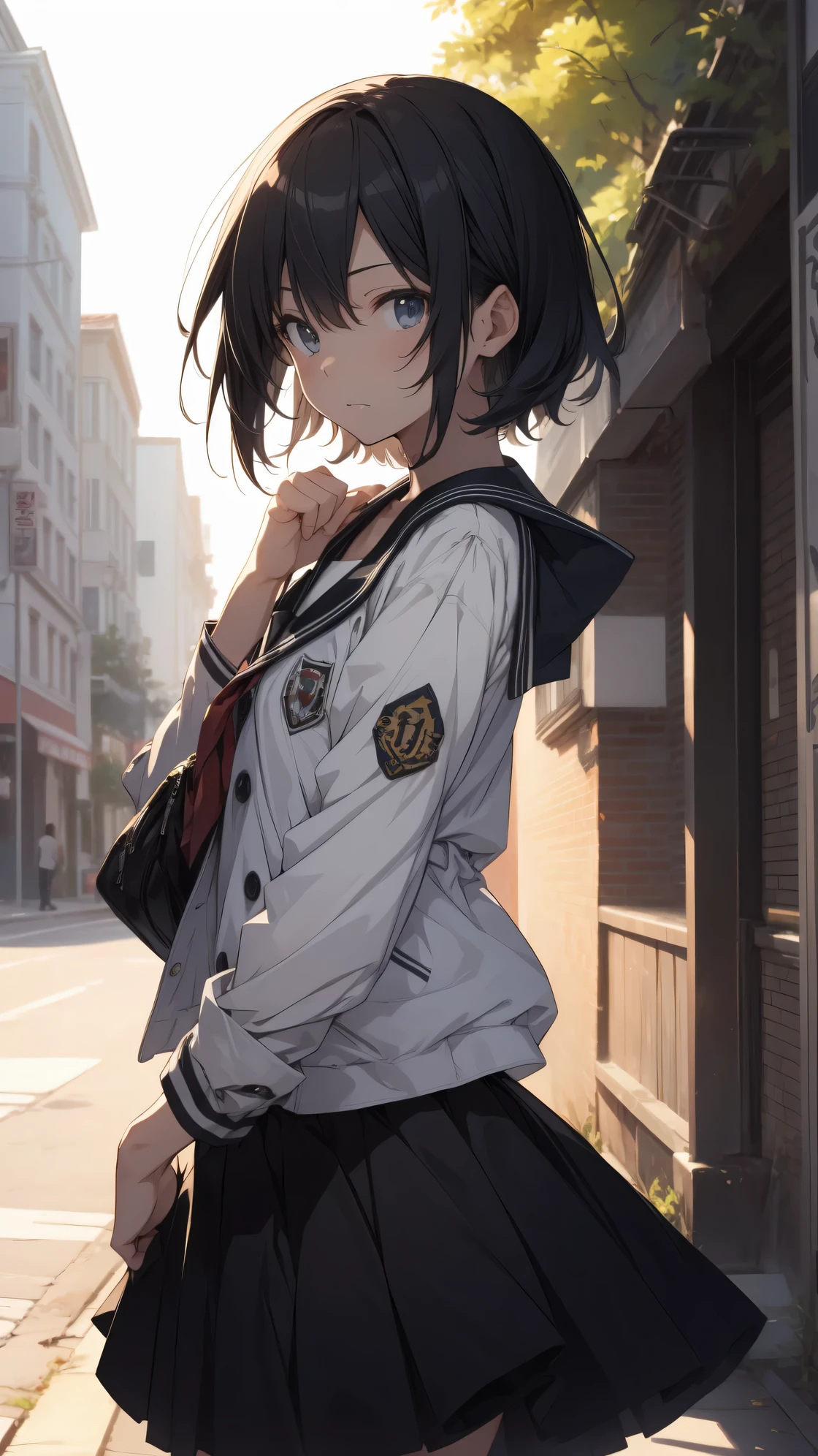 Super high quality by the art god, super detailed, High resolution, AI generated, anime moe art style, best anime 8K konachan wallpaper, pixiv contest winner, perfect anatomy, break,(眠そうにalone学校へ行く女の子を描いてください. ),break, 1 girl, (alone,lolita, , 13 years old:1.3),All limbs, full finger,, androgynous charm, (very short hair), messy hair, flat chest, Because I'm slender, small ass, between legs, Small black eyes, beautiful and fine eyes, Well-proportioned iris and pupils, expressive eyes,disgusted eyes, High resolutionの詳細な髪, wearing school uniform, (skirt),(detailed lighting), (detailed background), On the way to school. break,super dense skin, Best lighting by famous artists, 8K, figure,UHD, rough skin
