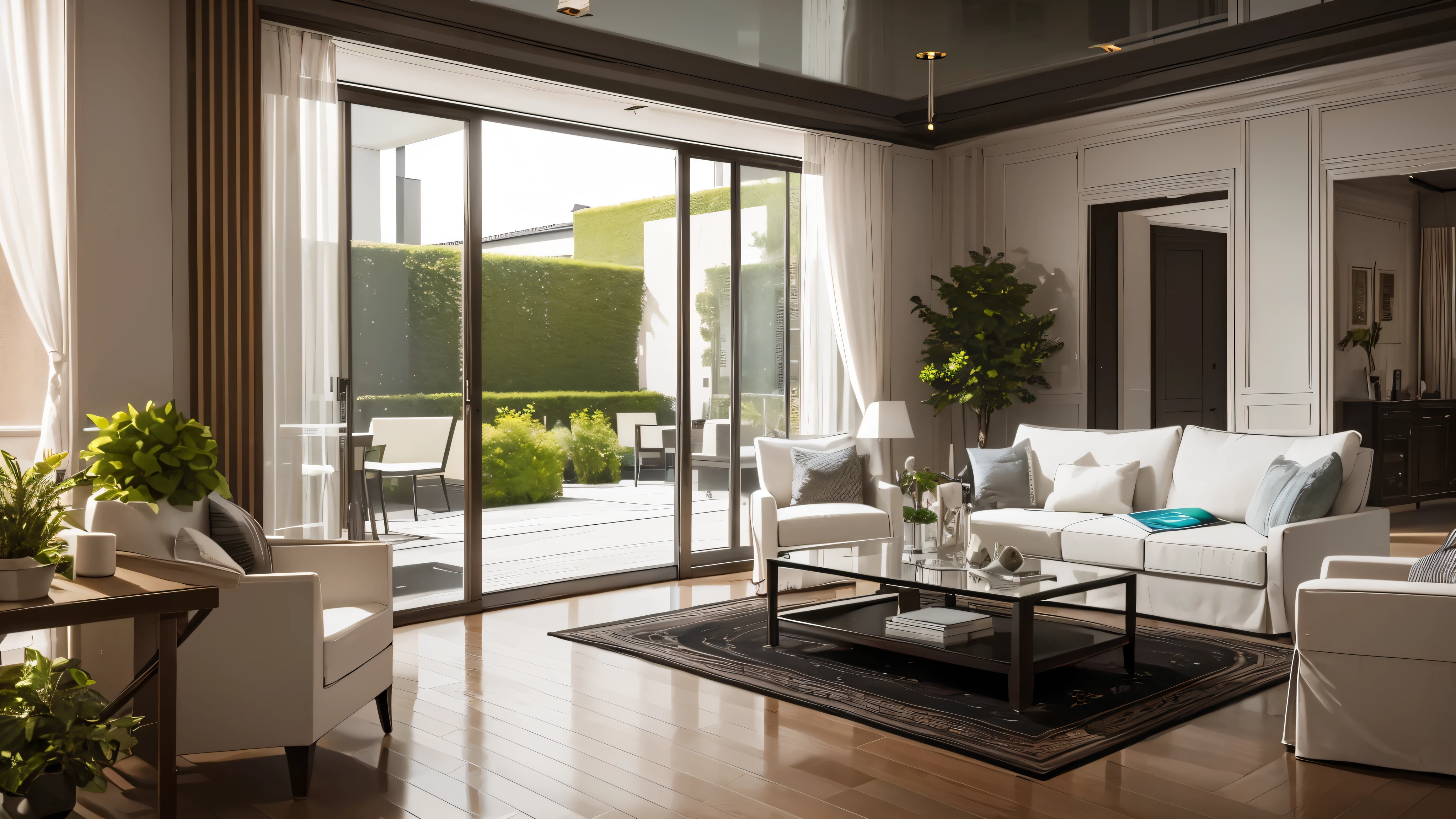You are a famous interior designer、You have been asked to create a 3D image of a modern large room. Create a harmonious environment with modern and minimalist furniture. Including garden interior.