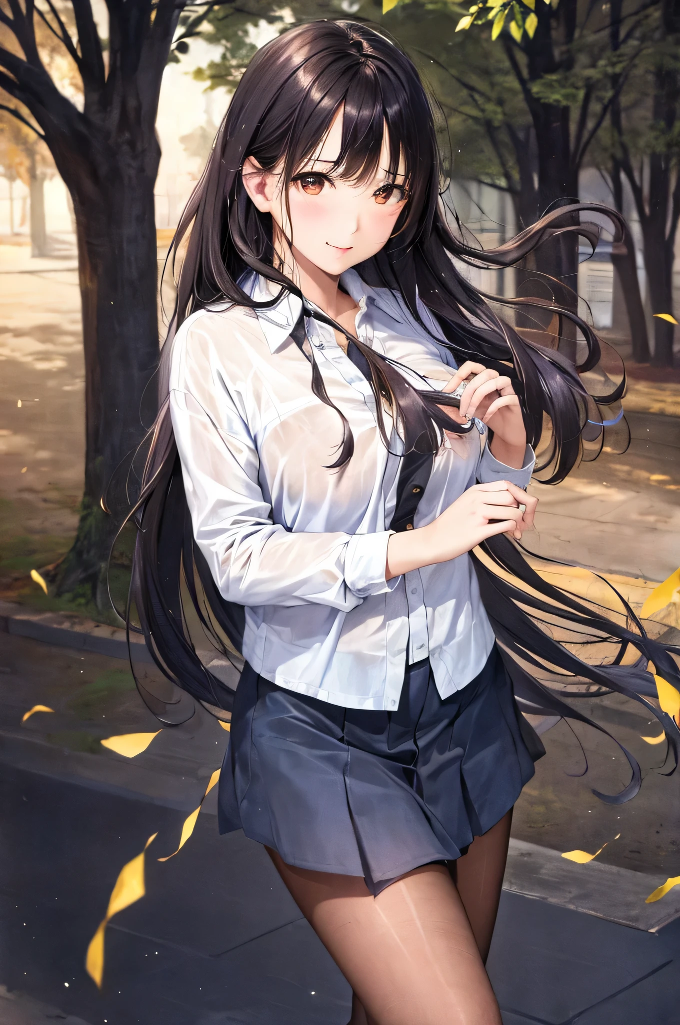 1girl, (8k, RAW photo, best quality, masterpiece:1.2), (realistic, photo-realistic:1.37), solo,ultra-detailed,pantyhose, long shot, beautiful background,,shirt,skirt,水彩タッチ、にじみ、a woman by agnes cecile, luminous design, pastel colours, ink drips, spring lights,芸術的