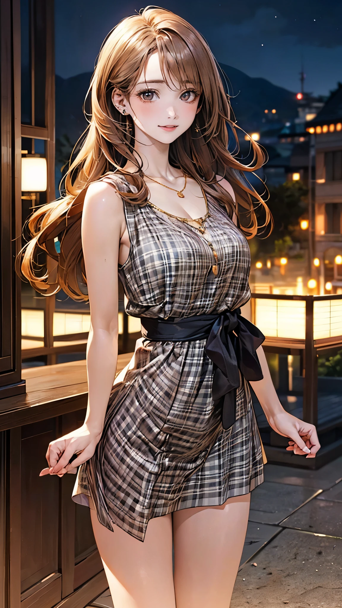 (masterpiece:1.2, top-quality), (realistic, photorealistic:1.4), beautiful illustration, (natural side lighting, movie lighting), 
looking at viewer, 1 girl, japanese, 16 years old, perfect face, perfect body, cute and symmetrical face, shiny skin, babyface, 
(long hair, straight hair, sideburns, hair intakes, blond hair), swept bangs, gold eyes, big eyes, (middle breasts, seductive thighs), piercings, 
beautiful hair, beautiful face, beautiful detailed eyes, beautiful clavicle, beautiful body, beautiful chest, beautiful thigh, beautiful legs, beautiful fingers, 
((grey and brown plaid dress), necklace), 
(beautiful scenery), night, (bar), walking, (lovly smile, upper eyes), 