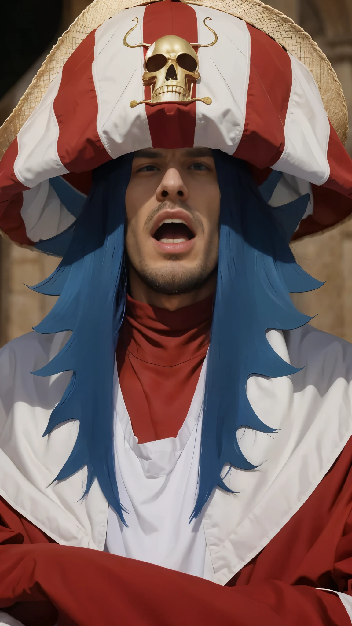 (masterpiece), (realistic), (ultra detailed), ( high reest quality), (photorealistic), (perfect face), (perfect anatomy), ((Franciscan)), man, male, solo, (((30 years old))), buggy from one piece, buggy, one piece, long hair, blue hair, wearing big hat,his mouth was wide open