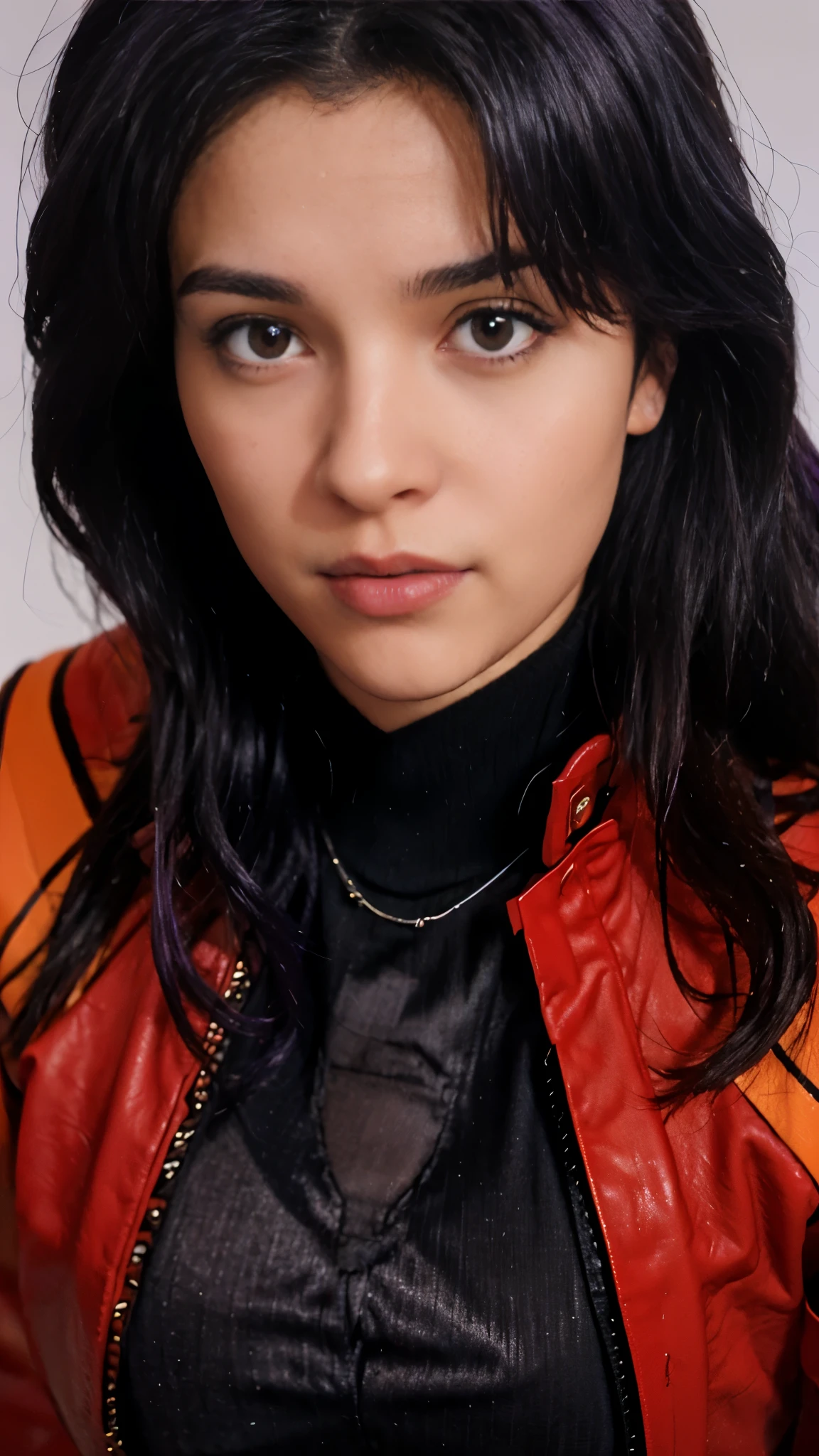 (best quality, highres), portrait of Misato Katsuragi, Purple medium purple Hair, Mixed Beautiful Pretty 28 years old babe, small beautiful brown eyes, intense gaze, beautiful lips, red leather jacket, black dress, combine realism and beautiful anime influenced, confident looks, studio photoshoot, white background,