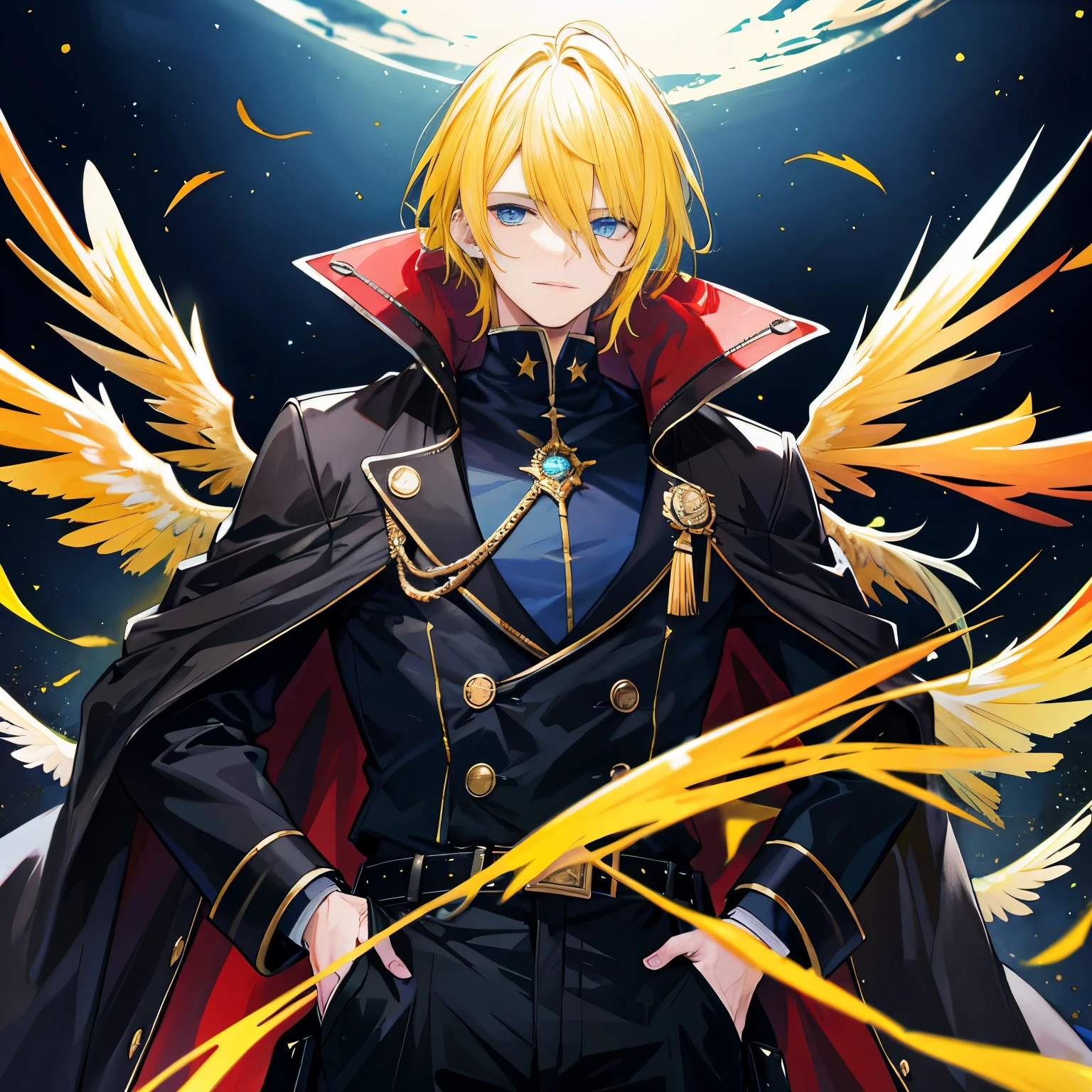 A 27 years old man,Handsome,spiky Yellow Hair, nightcity,Sateen,Blue Eyes, Wizard Millitary coat large,Black Wings, Put your hands in your pockets