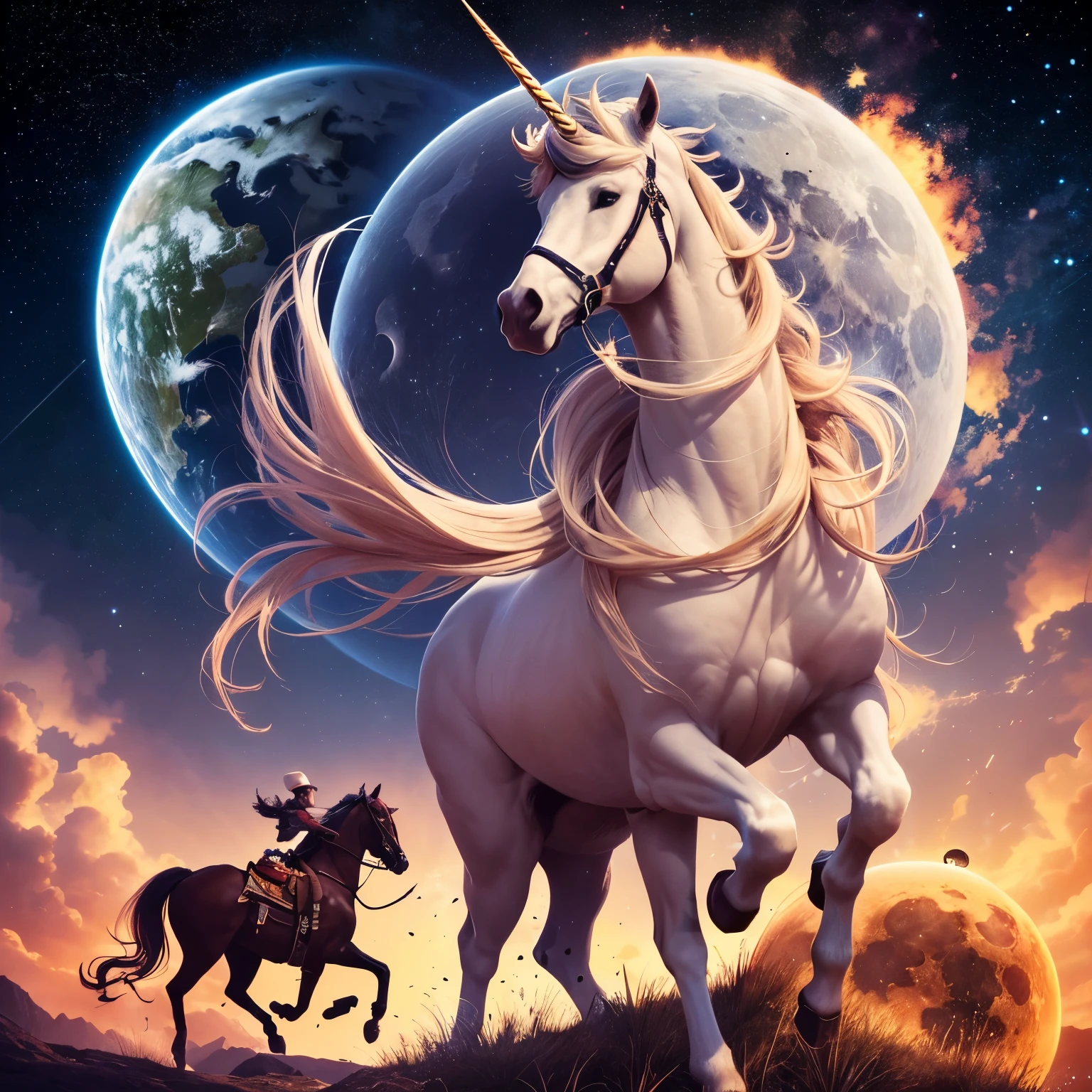 (masterpiece, best quality) 1 guy, 1 unicorn, One concept idea that I have for my single cover artwork is to have a cowboy chasing a white unicorn around the moon with the Earth in the background