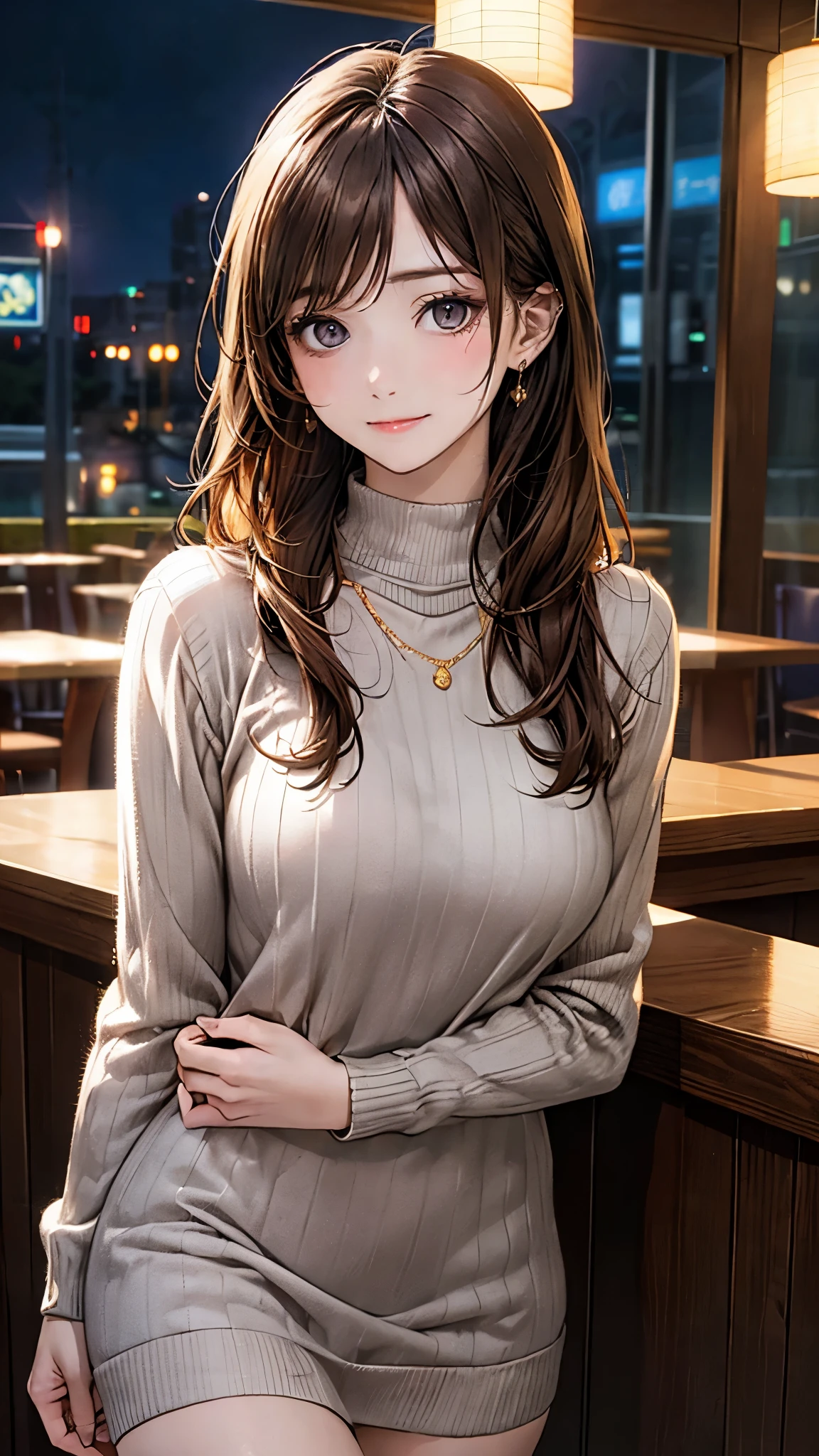 (masterpiece:1.2, top-quality), (realistic, photorealistic:1.4), beautiful illustration, (natural side lighting, movie lighting),
looking away, (from below), 1 girl, japanese, high school girl, 14 years old, perfect face, perfect body, cute and symmetrical face, shiny skin, babyface, tiny,
(short hair:1.5, (low ponytail):1.6, long sideburns, light brown hair), asymmetrical bangs, dark blue eyes, big eyes, drooping eyes, (middle breasts, seductive thighs, big ass),
beautiful hair, beautiful face, beautiful detailed eyes, beautiful clavicle, beautiful body, beautiful chest, beautiful thigh, beautiful legs, beautiful fingers,
(((off-shoulder light yellow green sweater), sleeveless black turtleneck sweater, brown tight mini skirt), emerald green hair ribbon),
(beautiful scenery), evening, (amusement park), walking, (hand in own hair), (happy smile, open mouth),