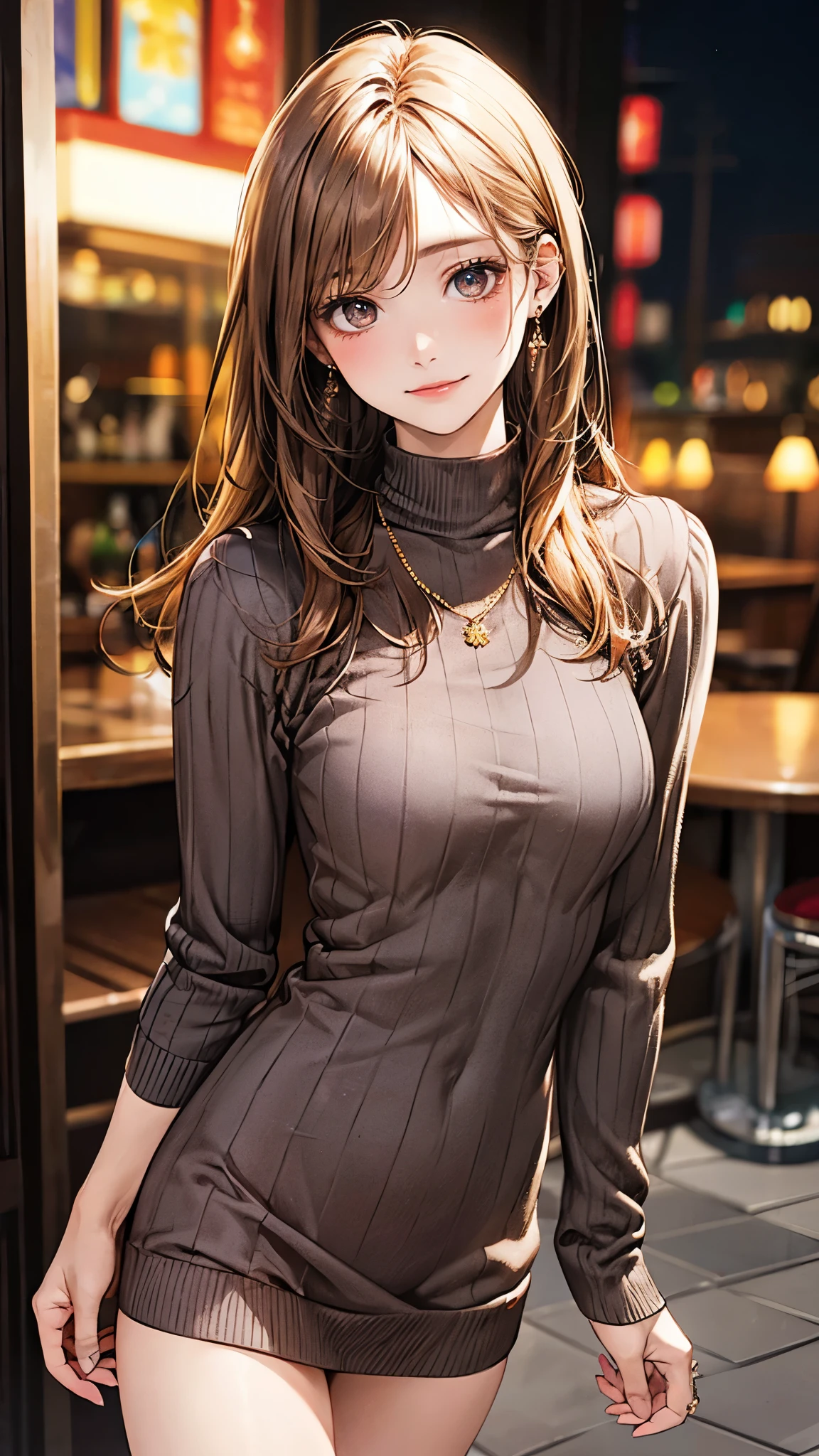 (masterpiece:1.2, top-quality), (realistic, photorealistic:1.4), beautiful illustration, (natural side lighting, movie lighting), 
looking at viewer, 1 girl, japanese, , perfect face, perfect body, cute and symmetrical face, shiny skin, babyface, 
(long hair, straight hair, sideburns, hair intakes, blond hair), swept bangs, gold eyes, big eyes, (middle breasts, seductive thighs), piercings, 
beautiful hair, beautiful face, beautiful detailed eyes, beautiful clavicle, beautiful body, beautiful chest, beautiful thigh, beautiful legs, beautiful fingers, 
((grey and brown plaid dress), light brown turtleneck sweater, necklace), 
(beautiful scenery), night, (bar), walking, (lovly smile, upper eyes), 