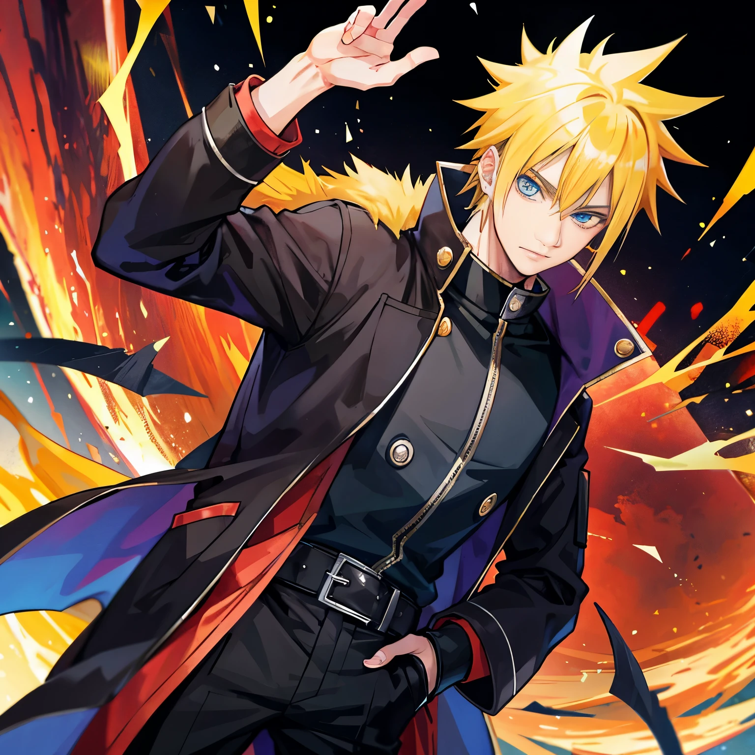 A Young man,(Uzumaki naruto), Handsome,spiky Yellow Hair, nightcity,Sateen,Blue Eyes, Wizard Millitary coat large,Black Wings, Put your hands in your pockets