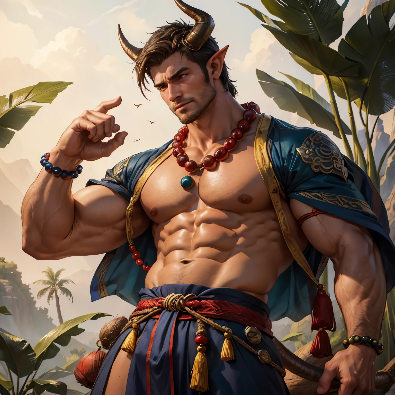 A close up of a man with a horned head and a necklace - SeaArt AI