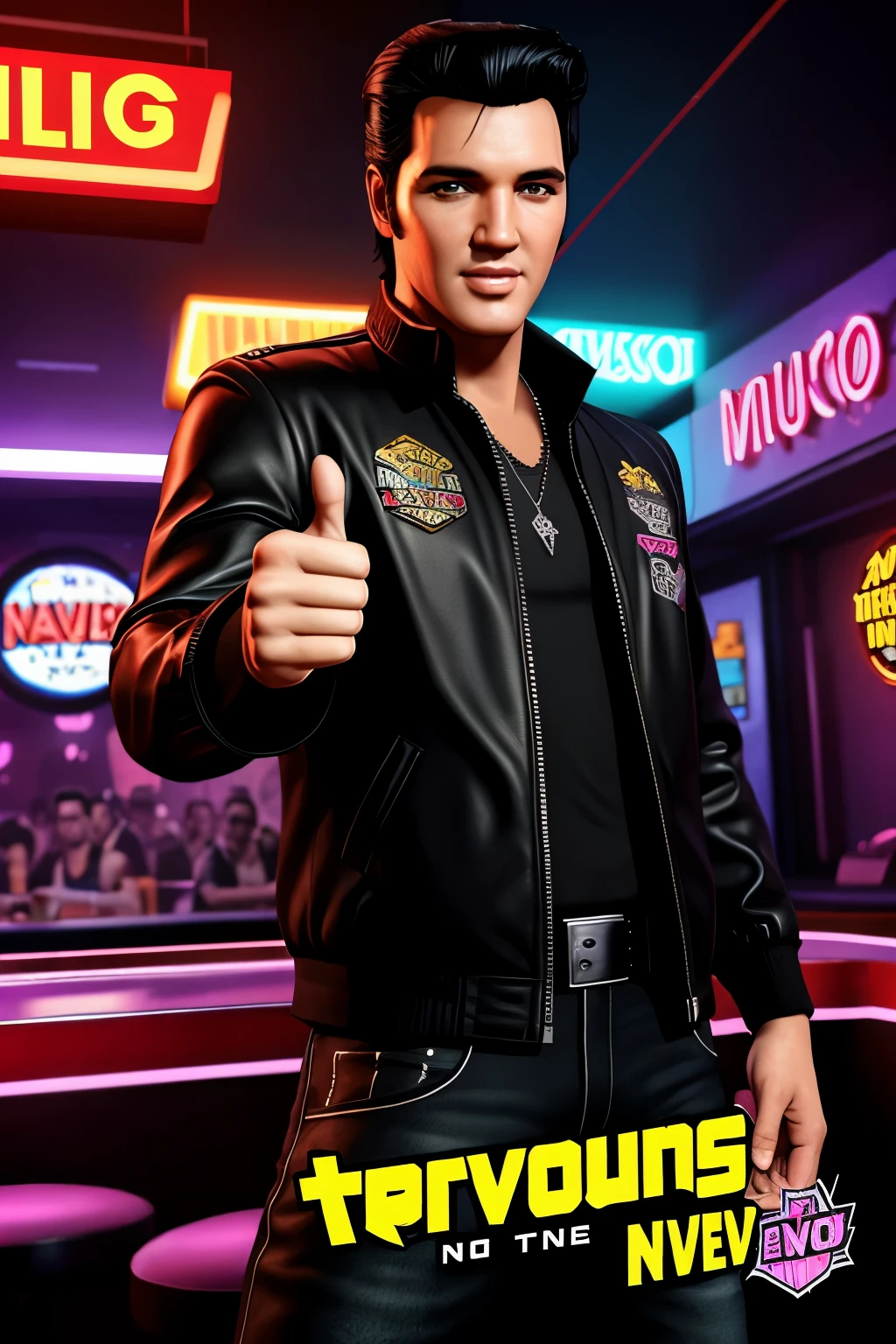 elvis presley posing thumbs up,smiling,indoor,nightclub,neon casino background,gta style,GTA,wearing a black jacket,GTA poster