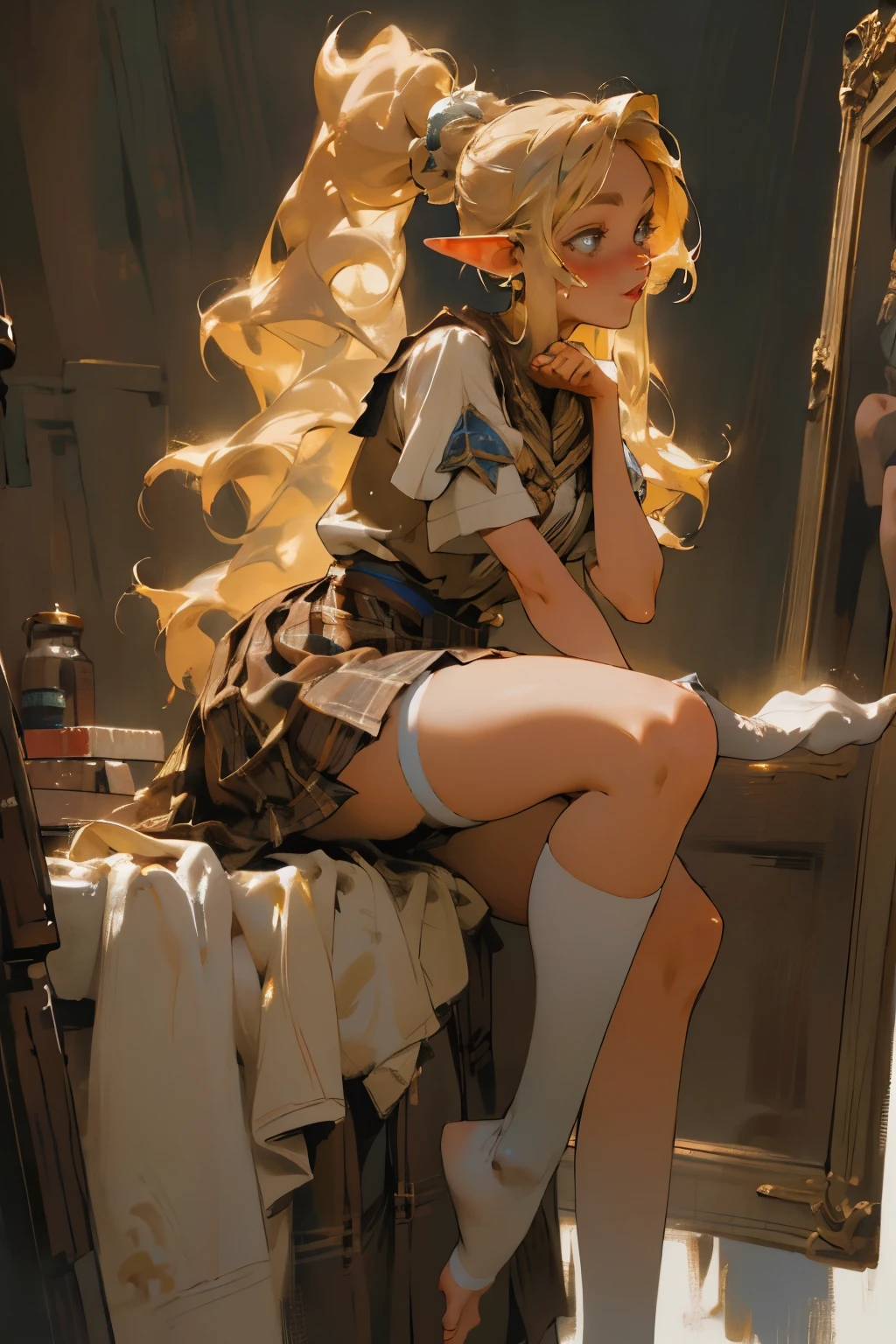 glow,masterpiece, best quality, elf princess, blond,high ponytail, oil painting portrait style, Plaid skirt,pleated skirt,Big ,white stockings,without wearing shoes