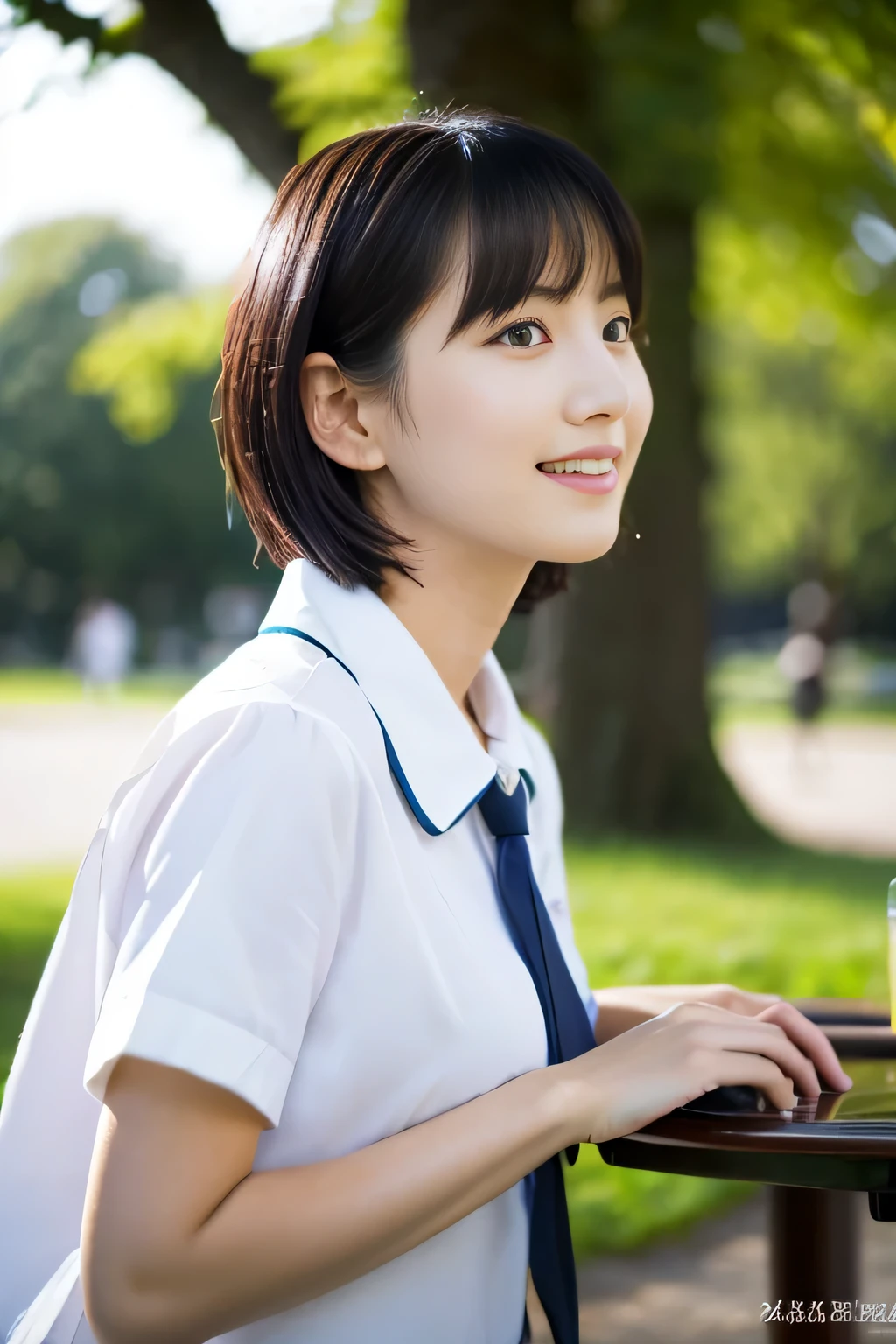 table top, highest quality, shape, Super detailed, finely, High resolution, 8k wallpaper, 完璧なダイナミックな構shape,Beautiful woman at 30 years old,sexy,Japanese、short cut hair、school uniform wet with water、The background is in the park