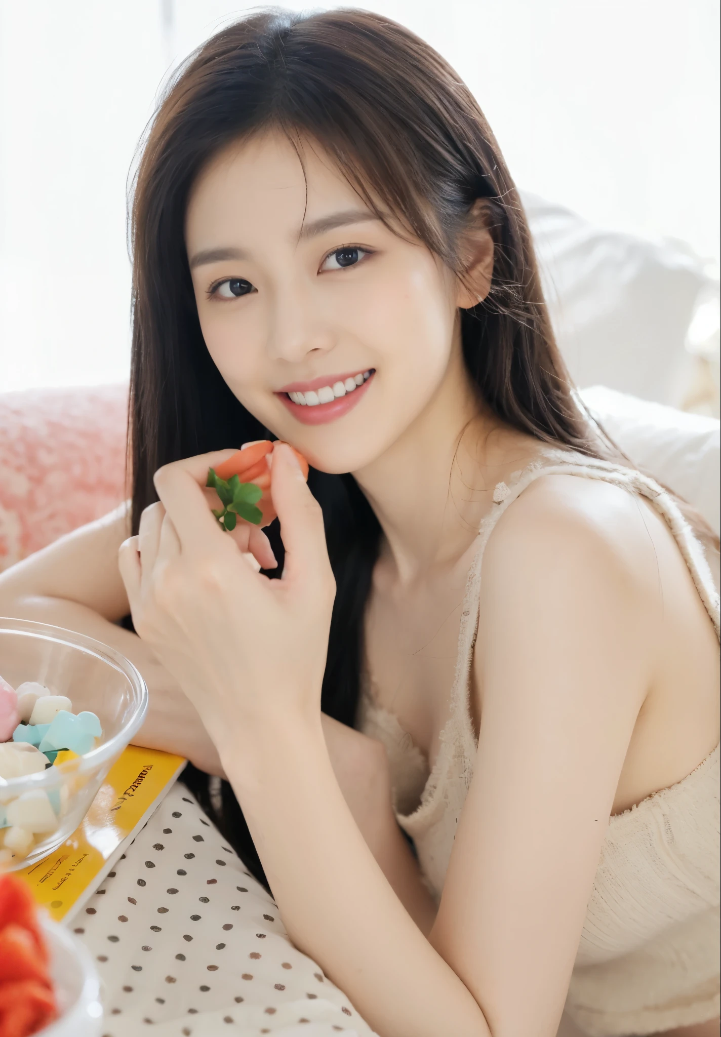 ((​Masterpiece, Top image quality, high resolution、alone、shiny skin))(on the table, best quality, actual, super detailed, meticulous, high resolution, 8k wallpaper), Close-up portrait of a beautiful woman, Chariada, smiling, light brown messy hair, Perfect dynamic composition, 美丽meticulous的眼睛, Just like the cover of a fashion magazine, on campus