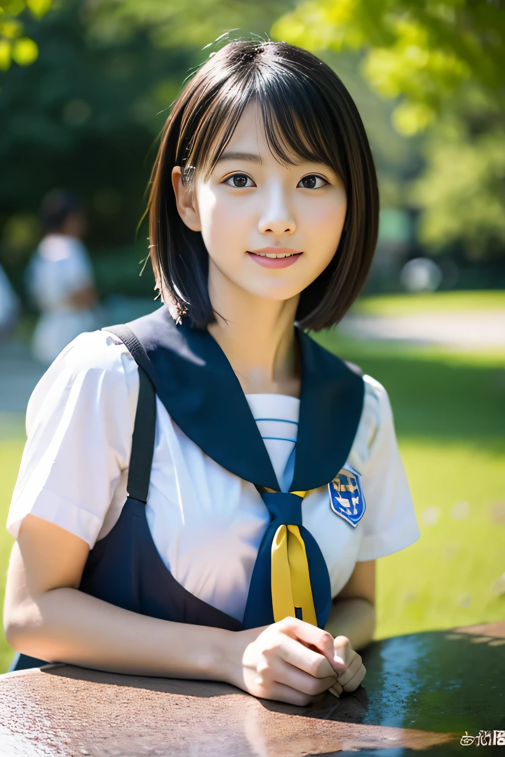 table top, highest quality, shape, Super detailed, finely, High resolution, 8k wallpaper, 完璧なダイナミックな構shape,Beautiful woman at 30 years old,sexy,Japanese、short cut hair、school uniform wet with water、The background is in the park