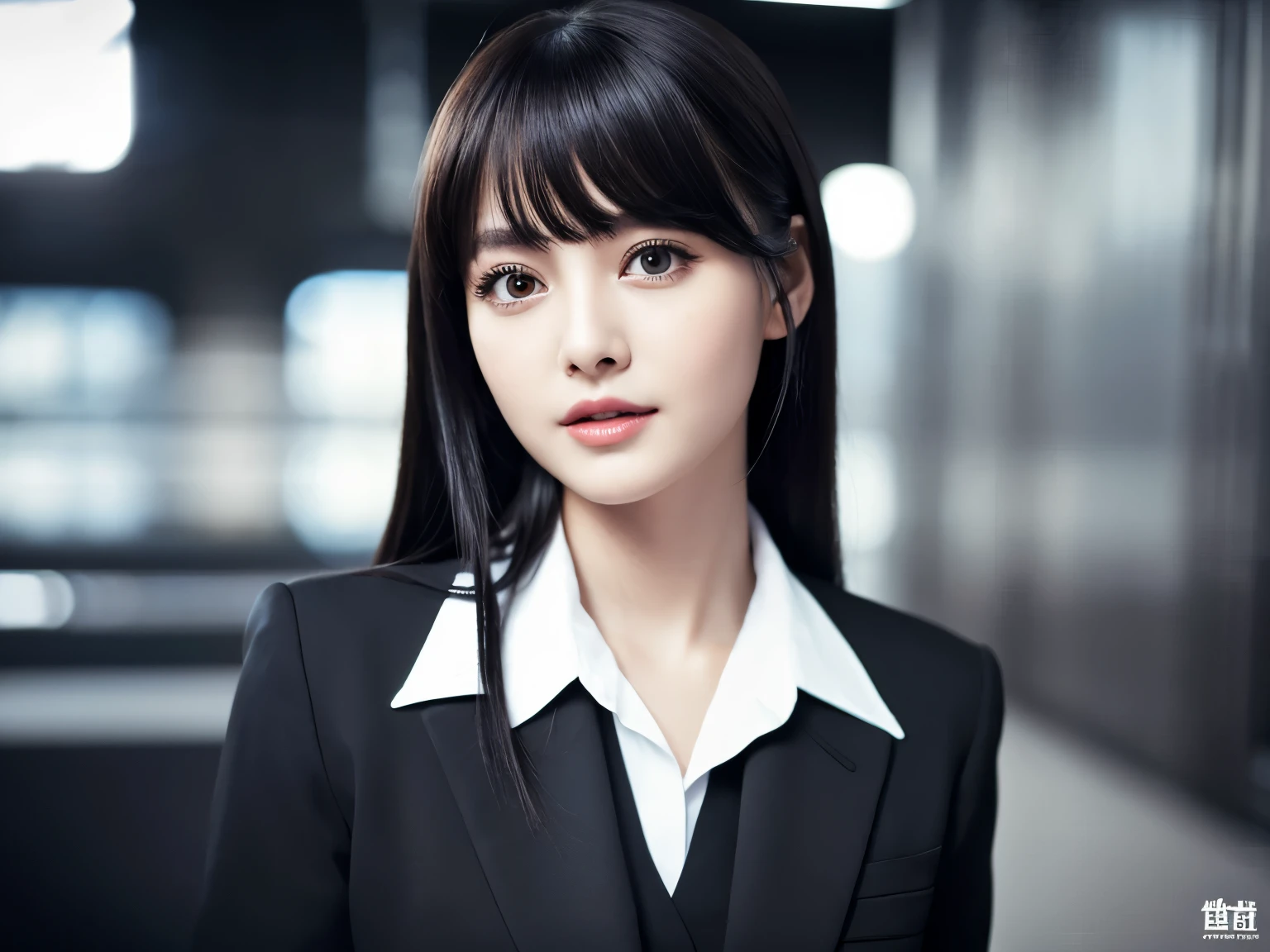 upper body, realistic, realism, photorealism, photo-realistic, high contrast, (photorealistic:1.4), (perfect woman image), 8k high definition detailed realistic, (highest quality, masterpiece:1.2), highest quality, very detailed,cute beautiful girl、bangs,beautiful bright eyes、Black business suit、background is white